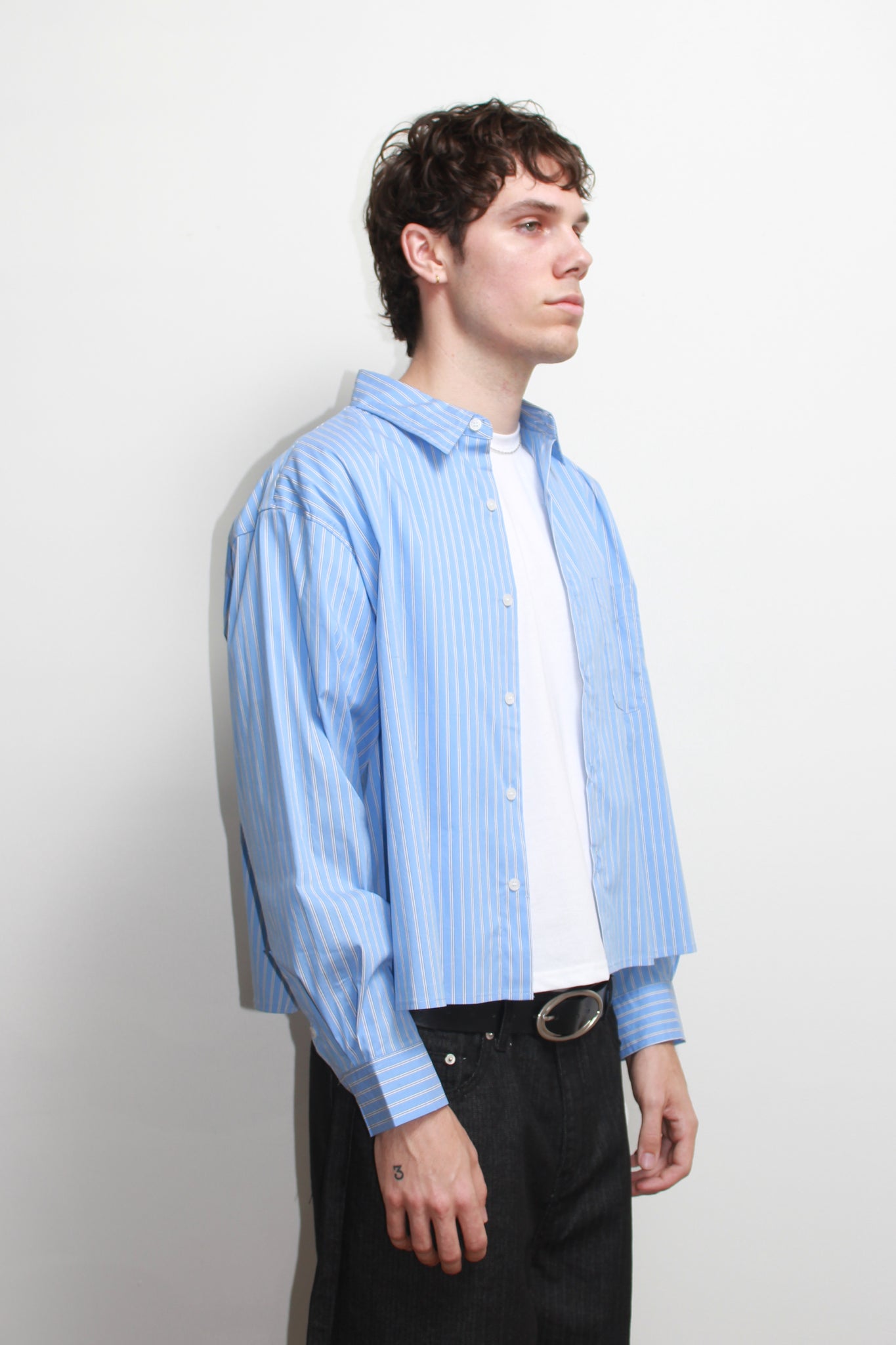 Wise Stripe Crop Shirt in Dark Blue