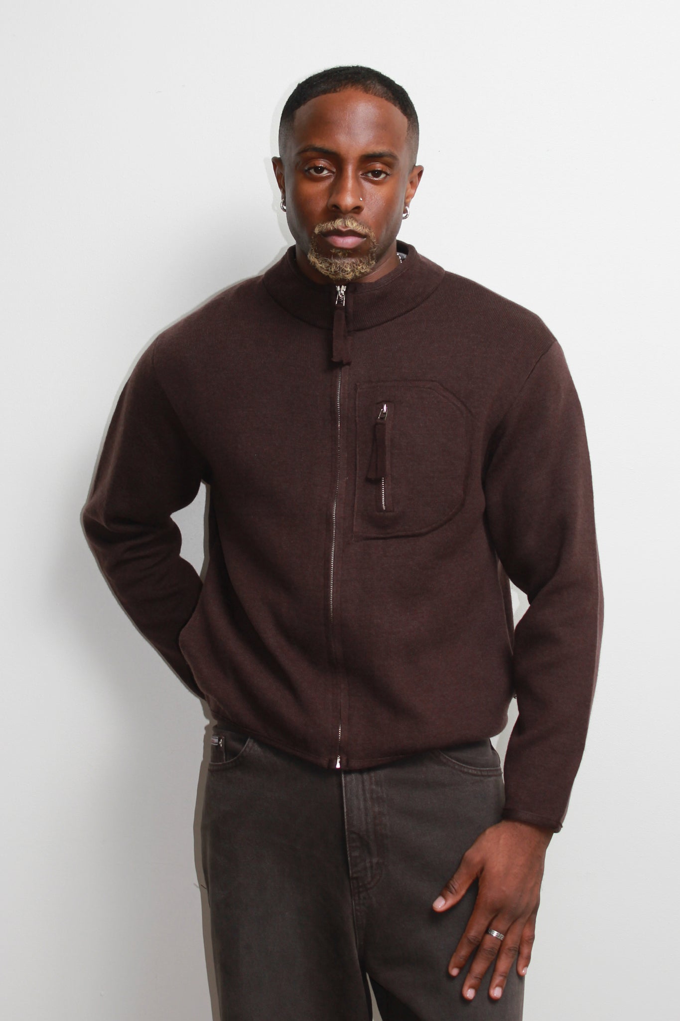 Written Pocket Zip Up Jacket in Brown