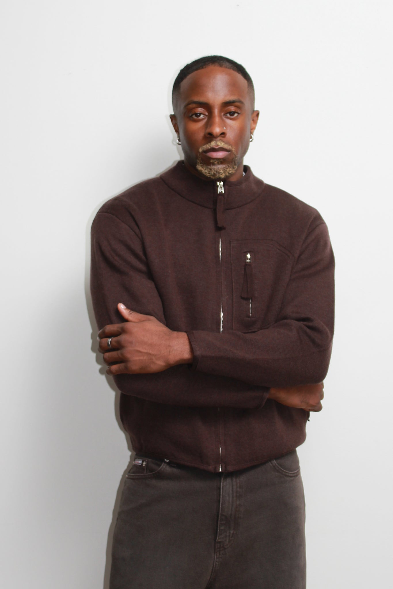 Written Pocket Zip Up Jacket in Brown