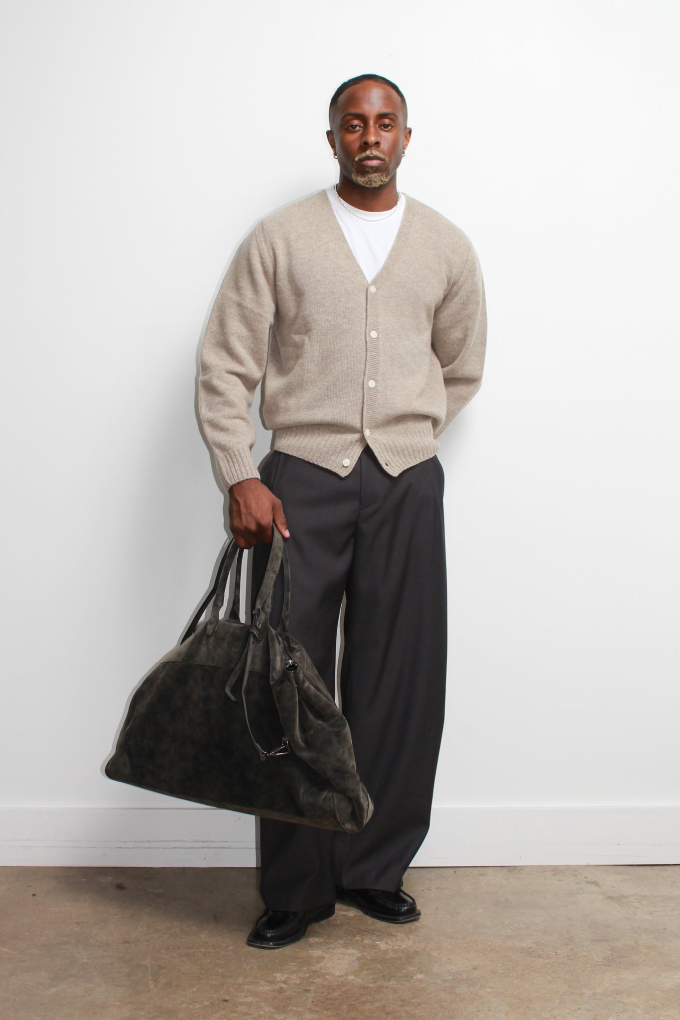 Fine Wool Whole Garment Cardigan in Beige