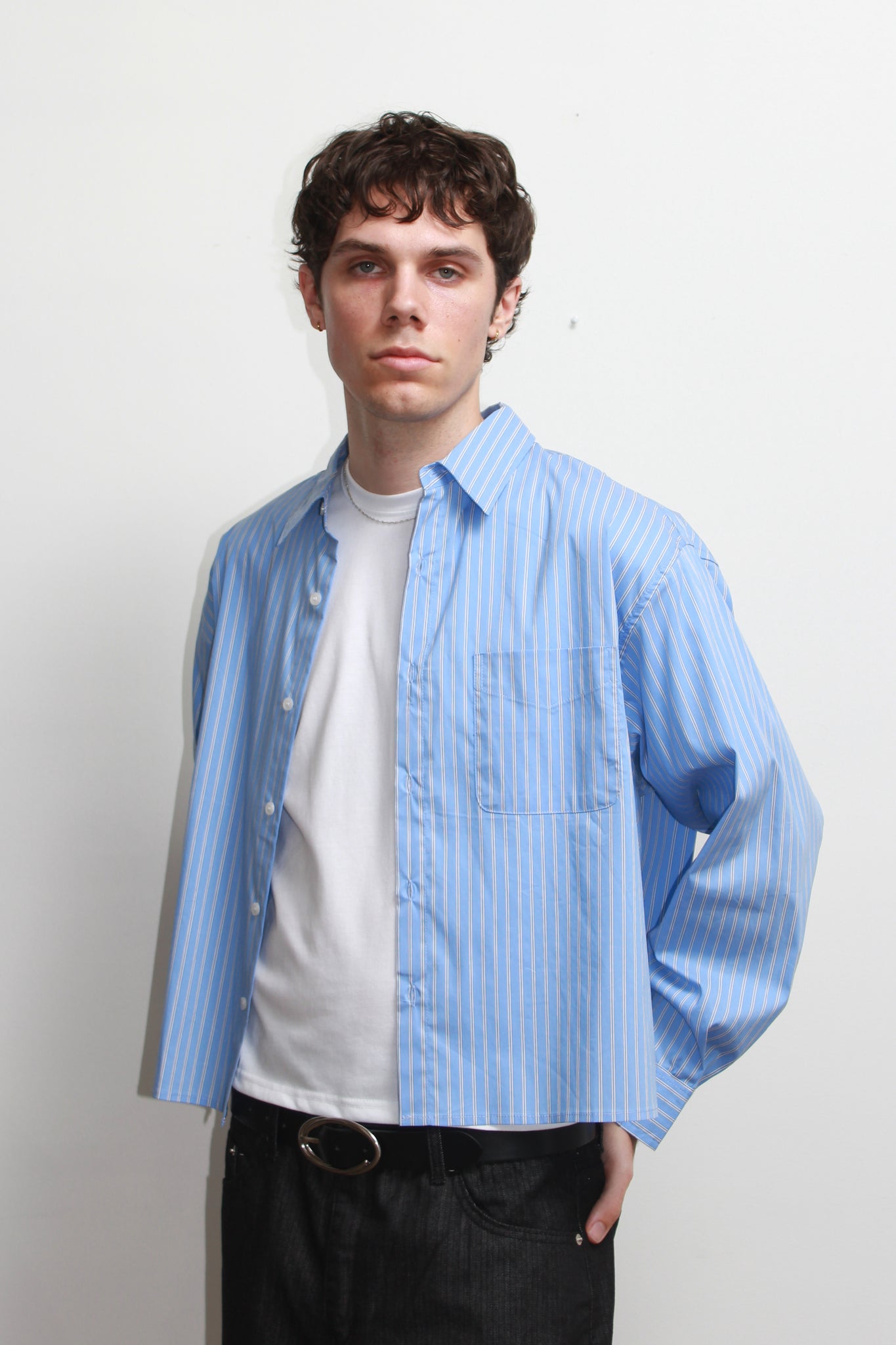 Wise Stripe Crop Shirt in Dark Blue
