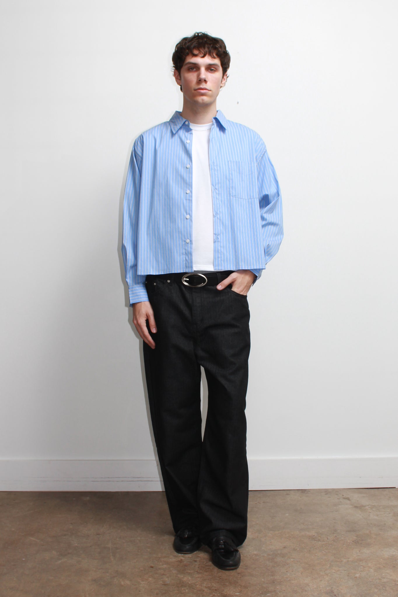 Wise Stripe Crop Shirt in Dark Blue