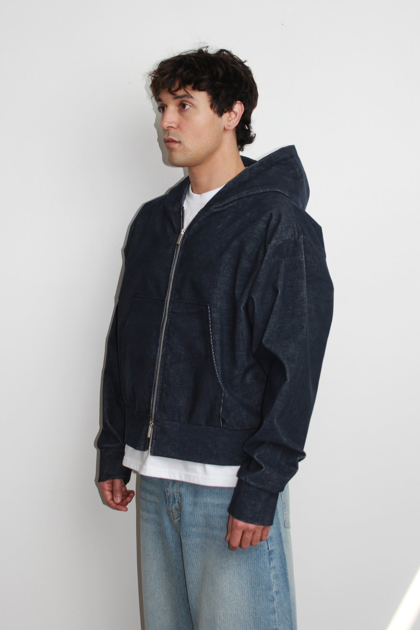 Corduroy Hood Zip-Up in Dark Blue