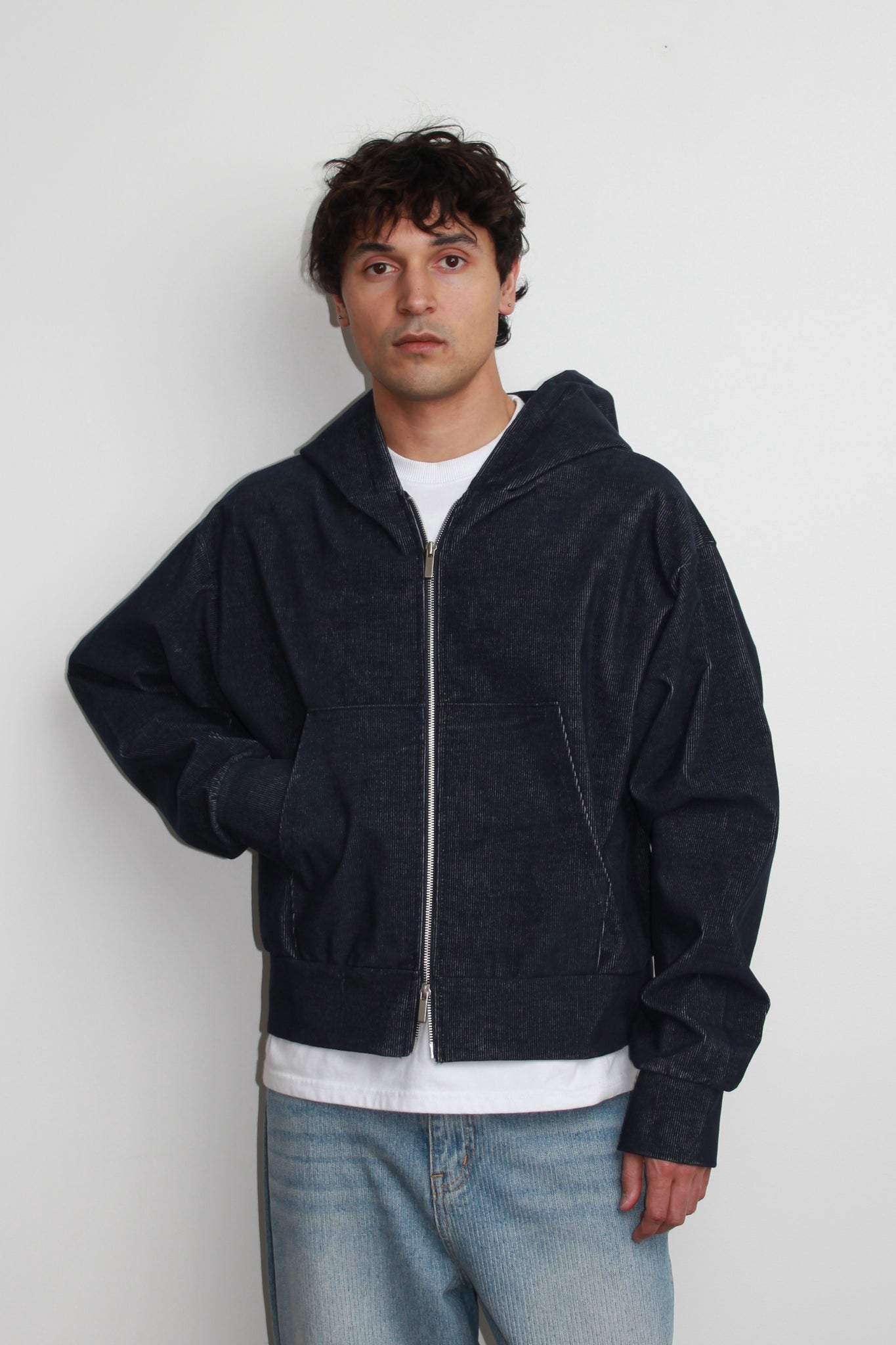 Corduroy Hood Zip-Up in Dark Blue