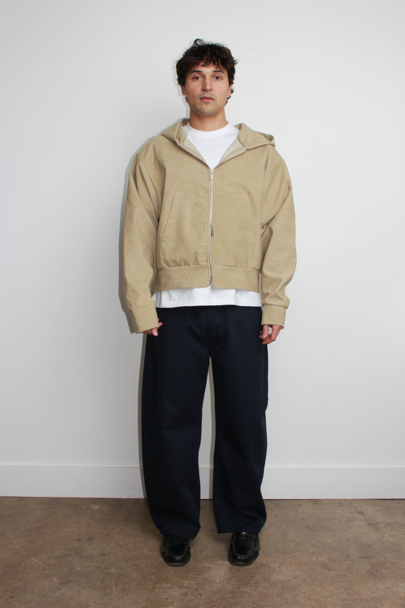 Corduroy Hood Zip-Up in Khaki