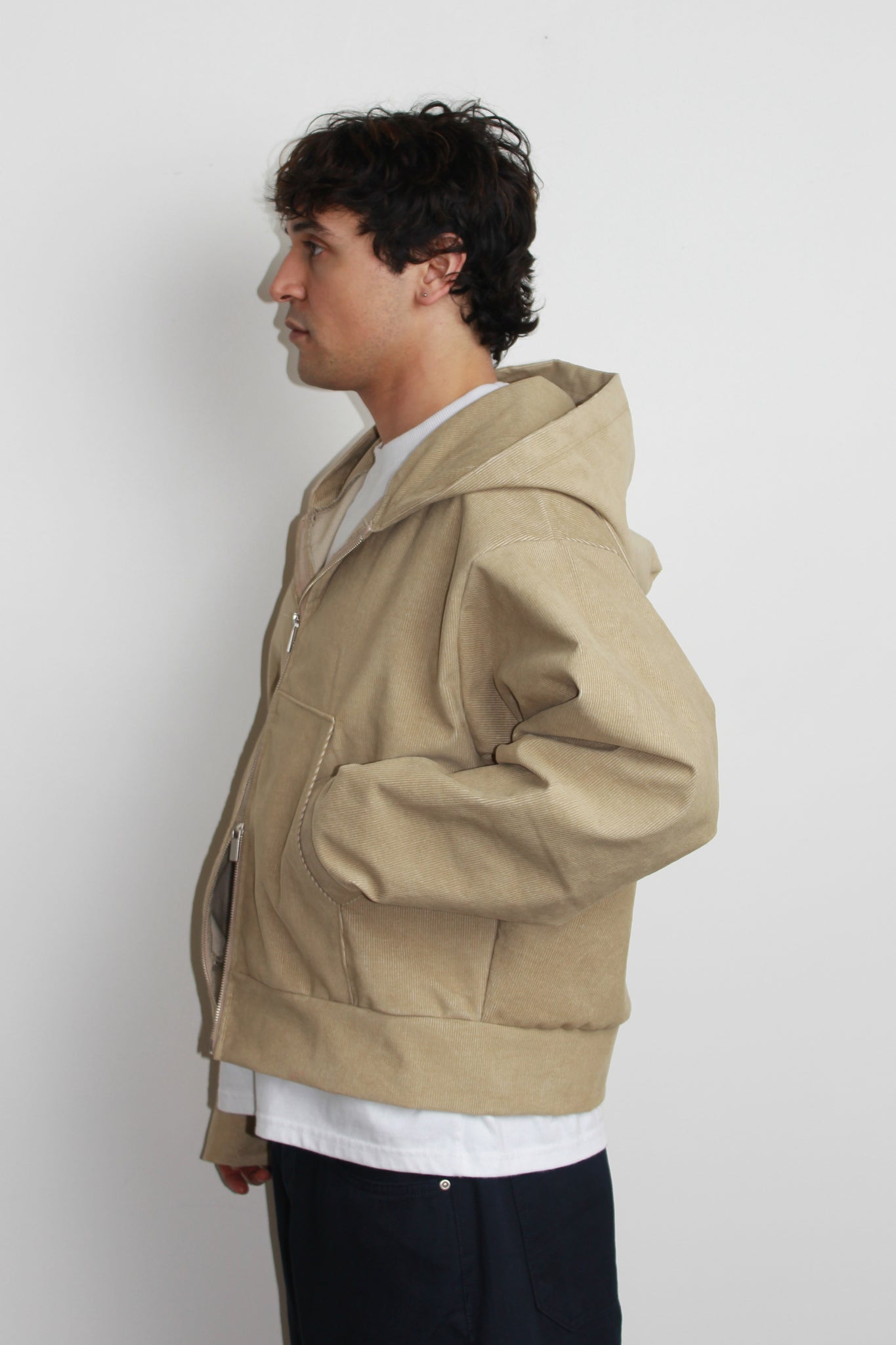 Corduroy Hood Zip-Up in Khaki