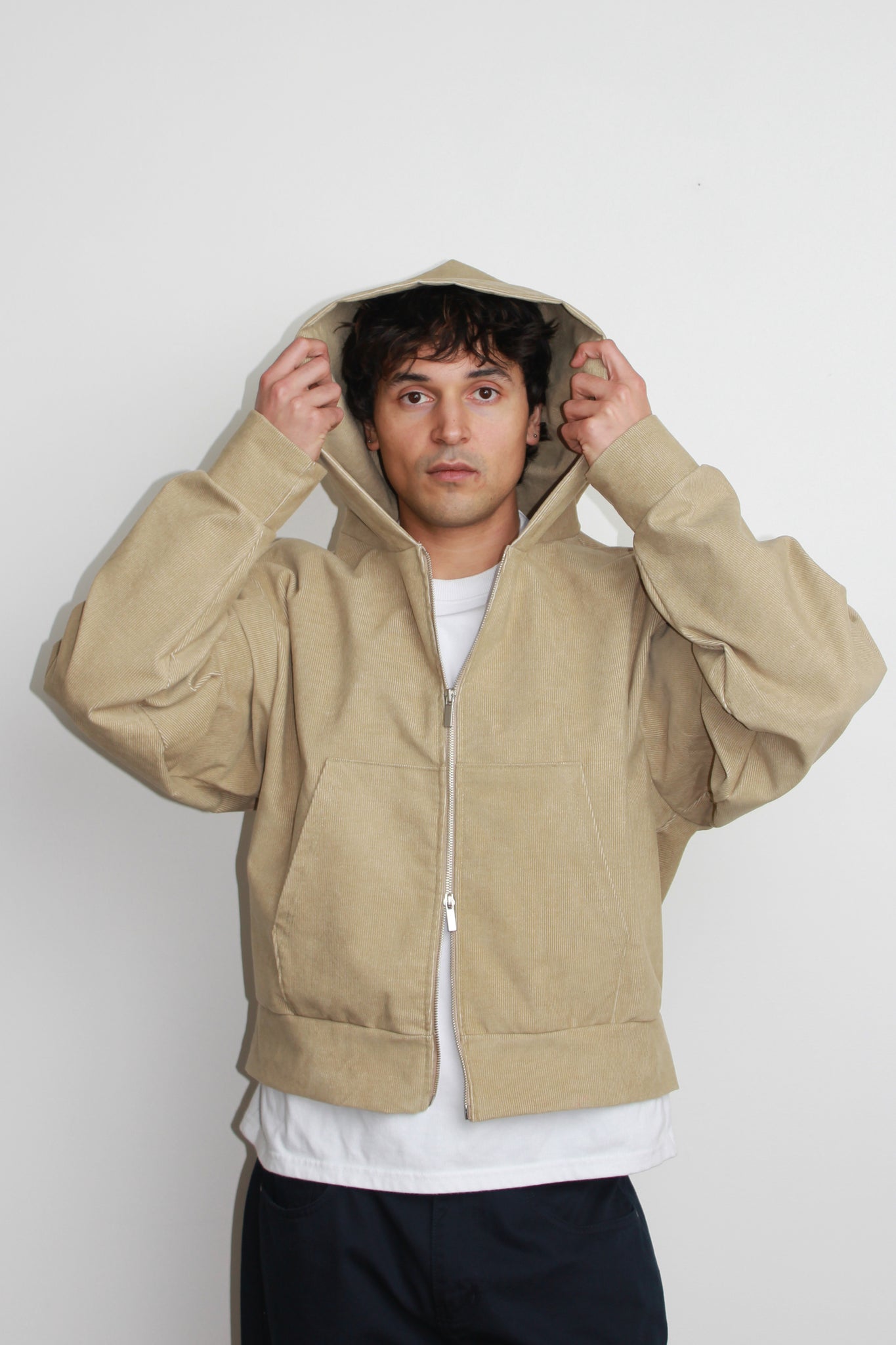 Corduroy Hood Zip-Up in Khaki