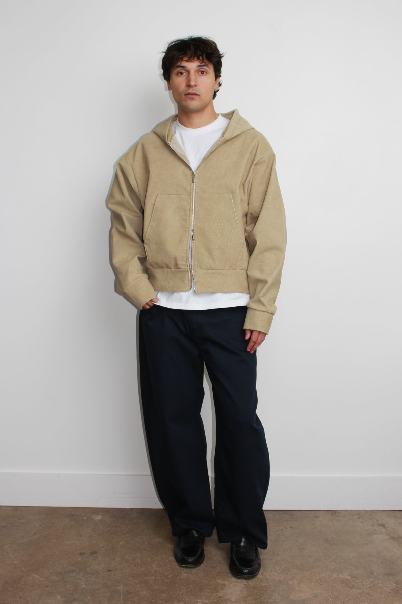 Corduroy Hood Zip-Up in Khaki