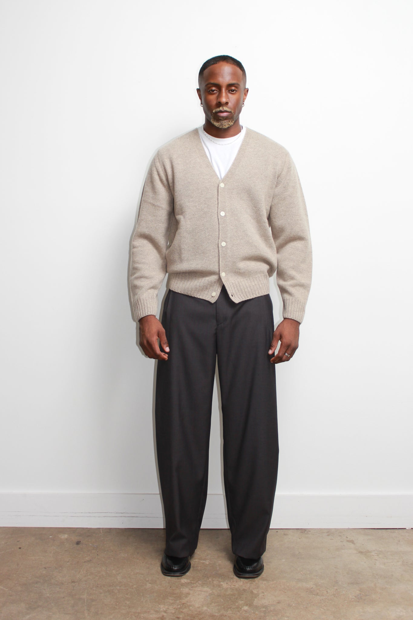 Fine Wool Whole Garment Cardigan in Beige