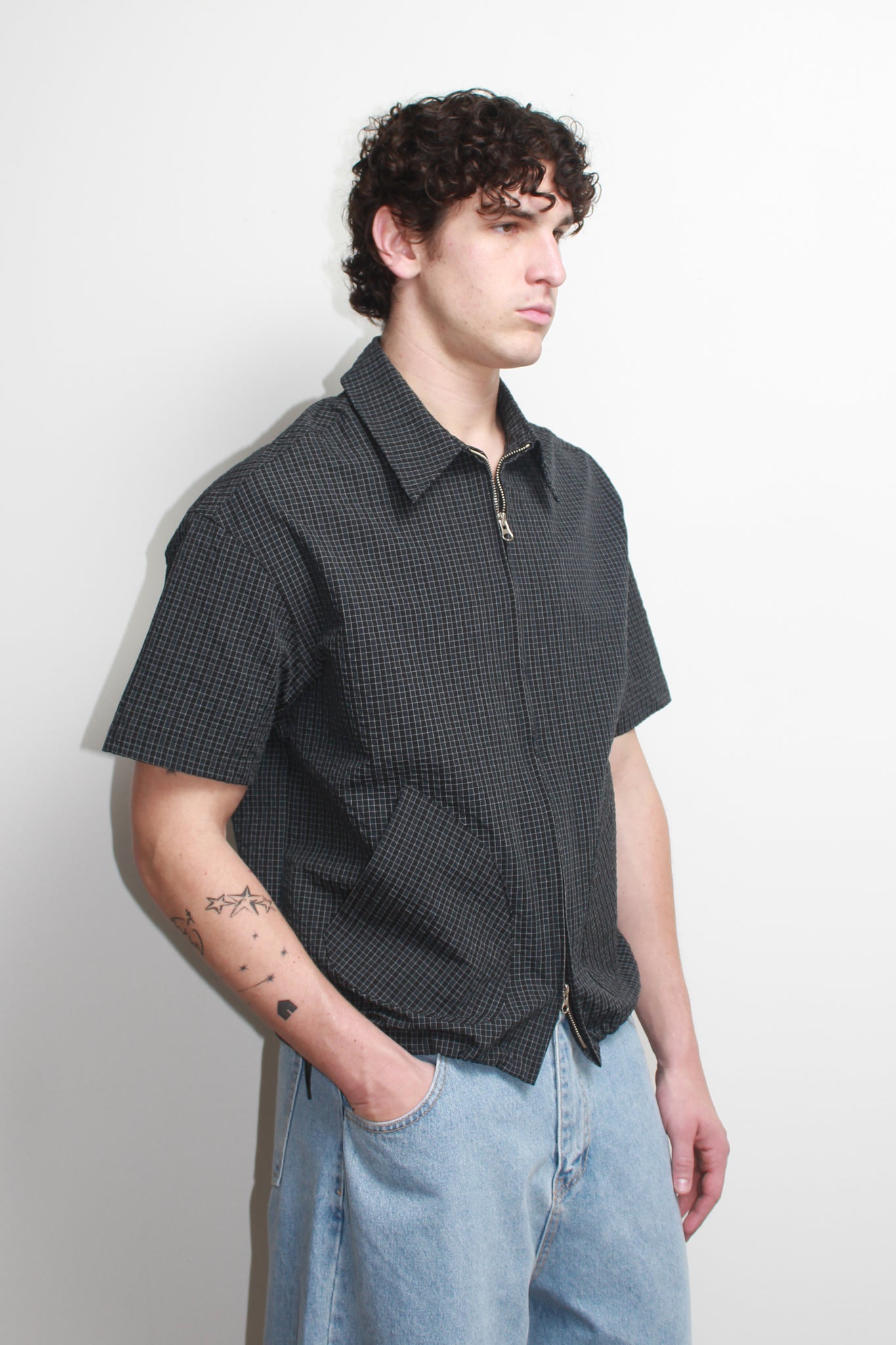 Hidden String Plaid Zipper Shirt in Navy