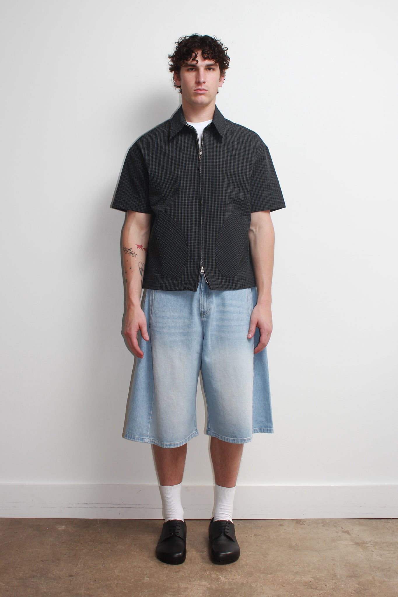 Hidden String Plaid Zipper Shirt in Navy