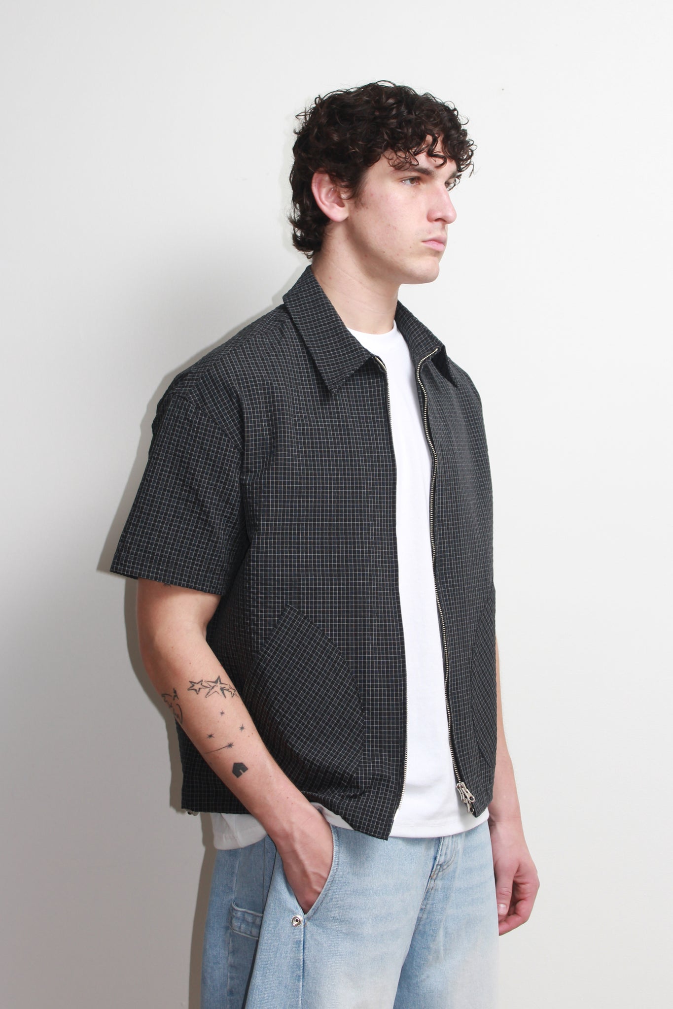 Hidden String Plaid Zipper Shirt in Navy