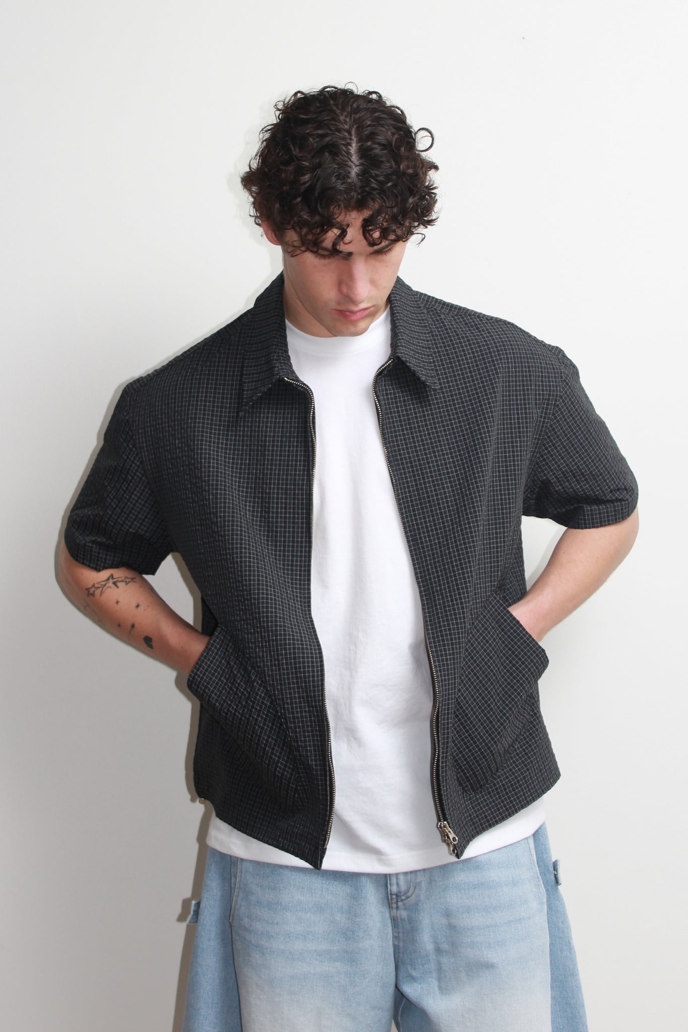 Hidden String Plaid Zipper Shirt in Navy