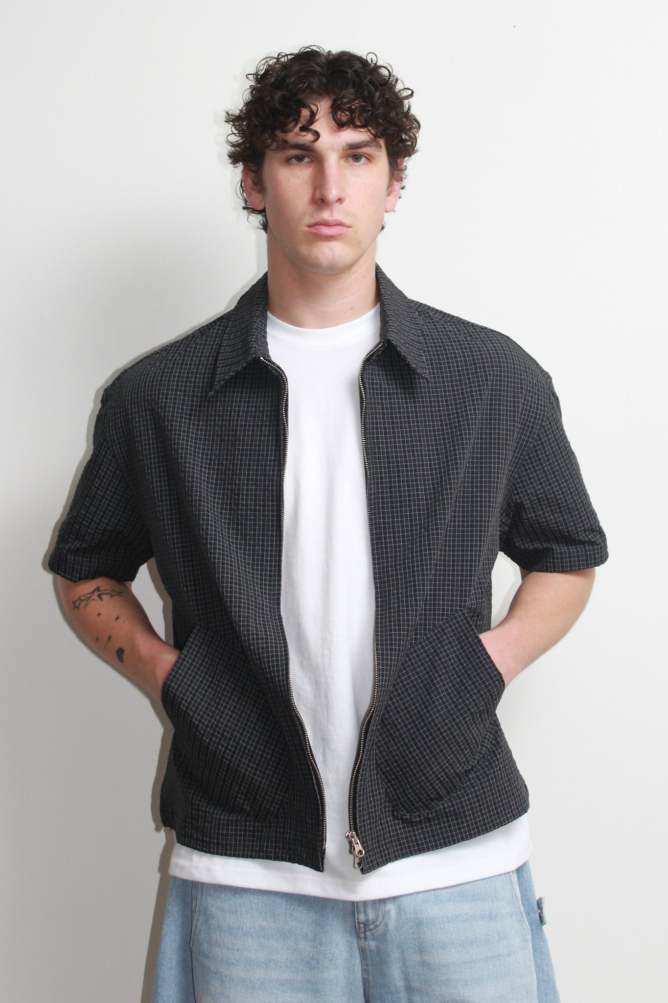 Hidden String Plaid Zipper Shirt in Navy