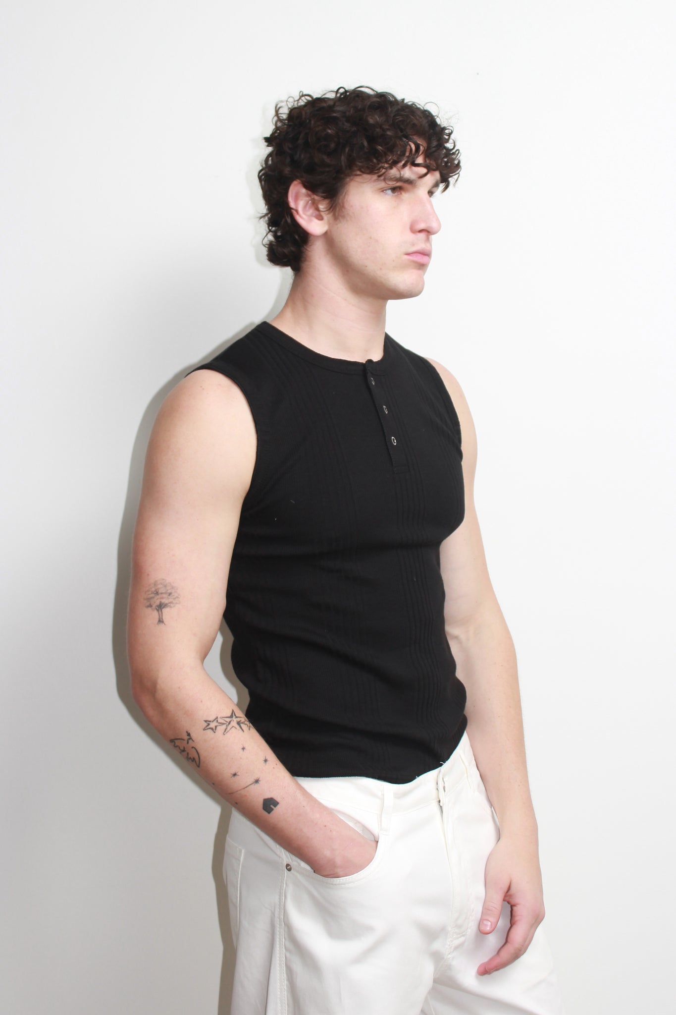 Henley Neck Sleeveless Top in Black