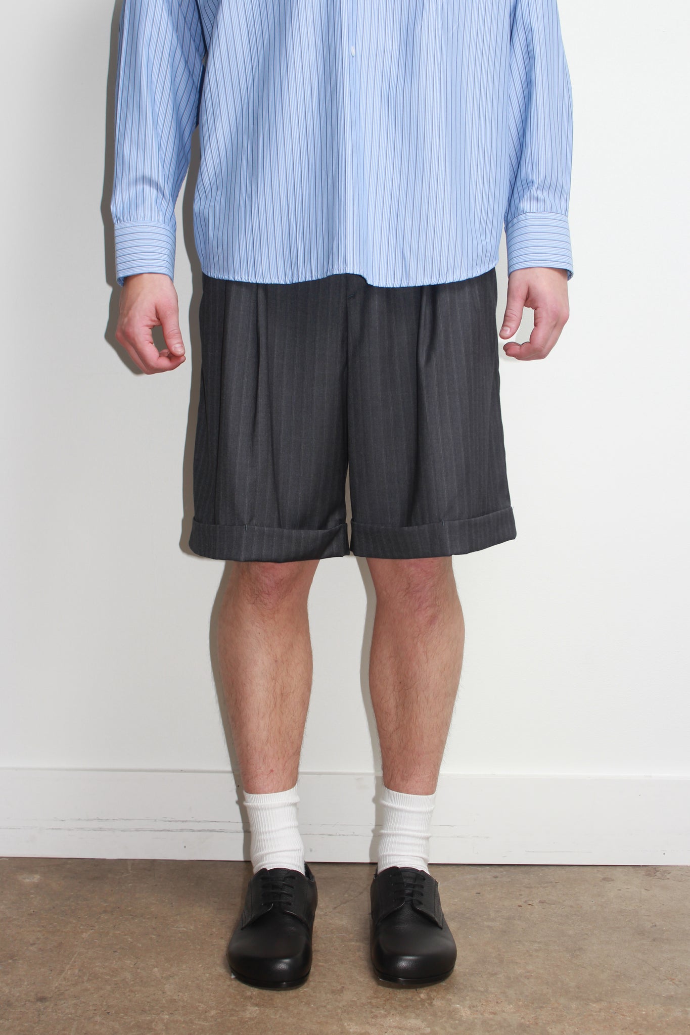 Pin Stripe Turn Up Shorts in Charcoal