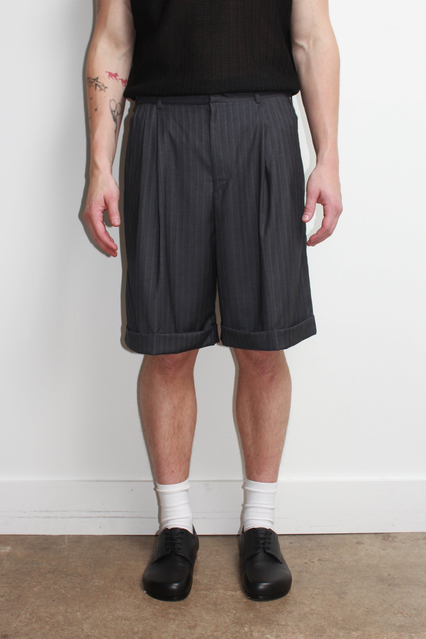 Pin Stripe Turn Up Shorts in Charcoal