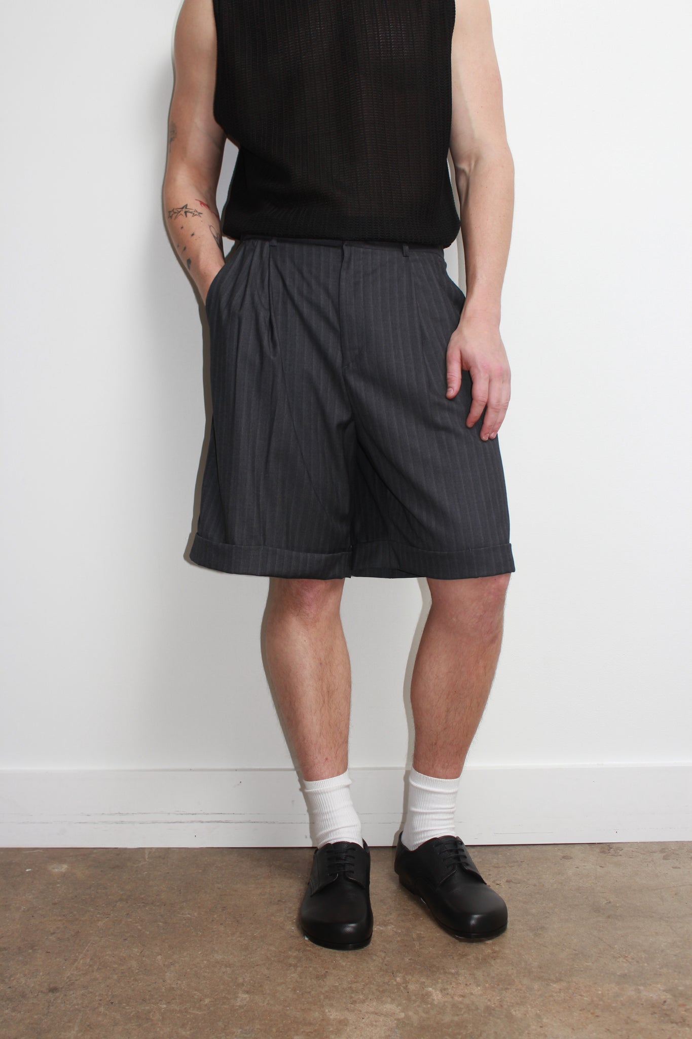 Pin Stripe Turn Up Shorts in Charcoal