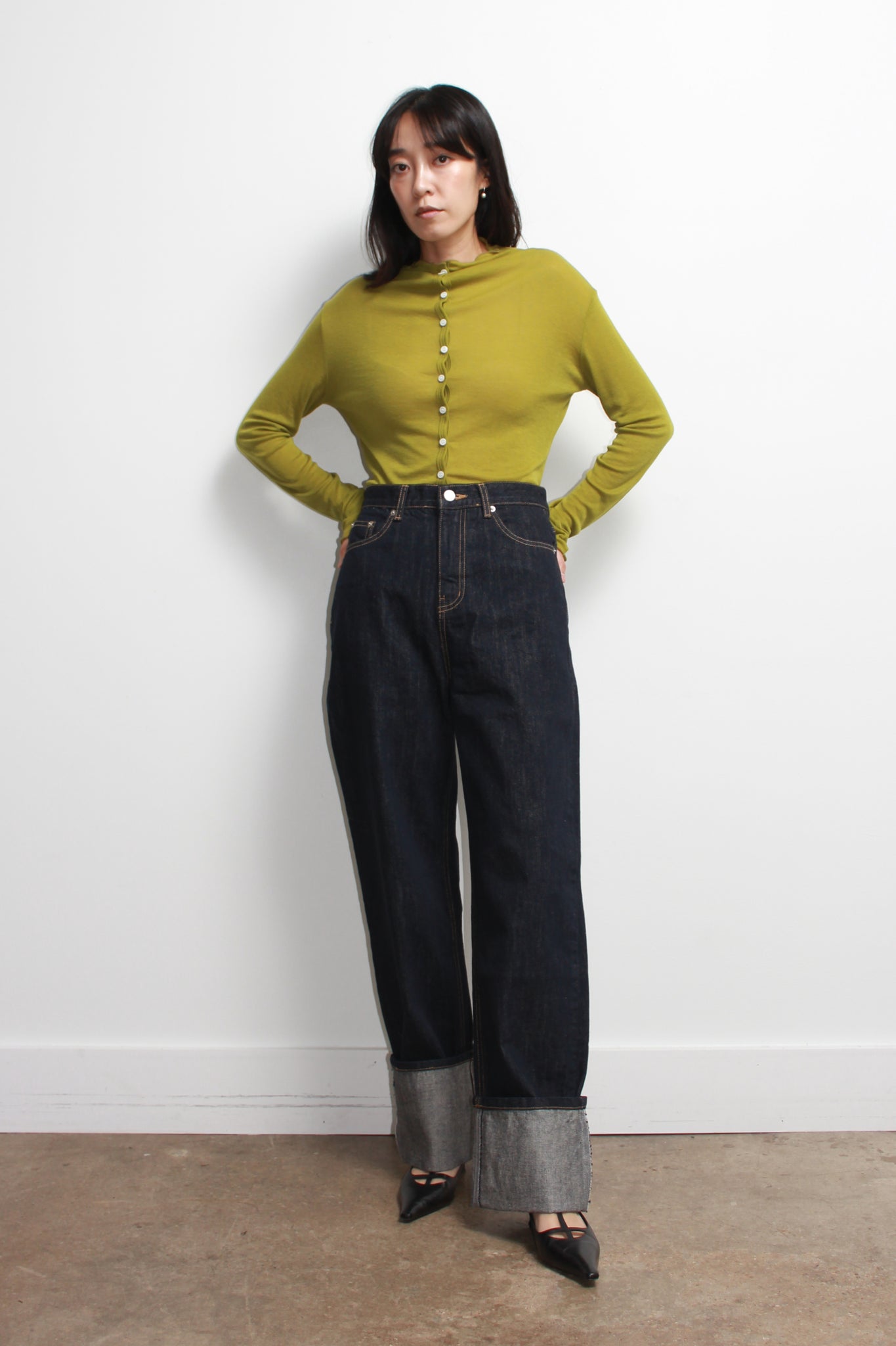 Mock Neck Wavy Cardigan in Olive