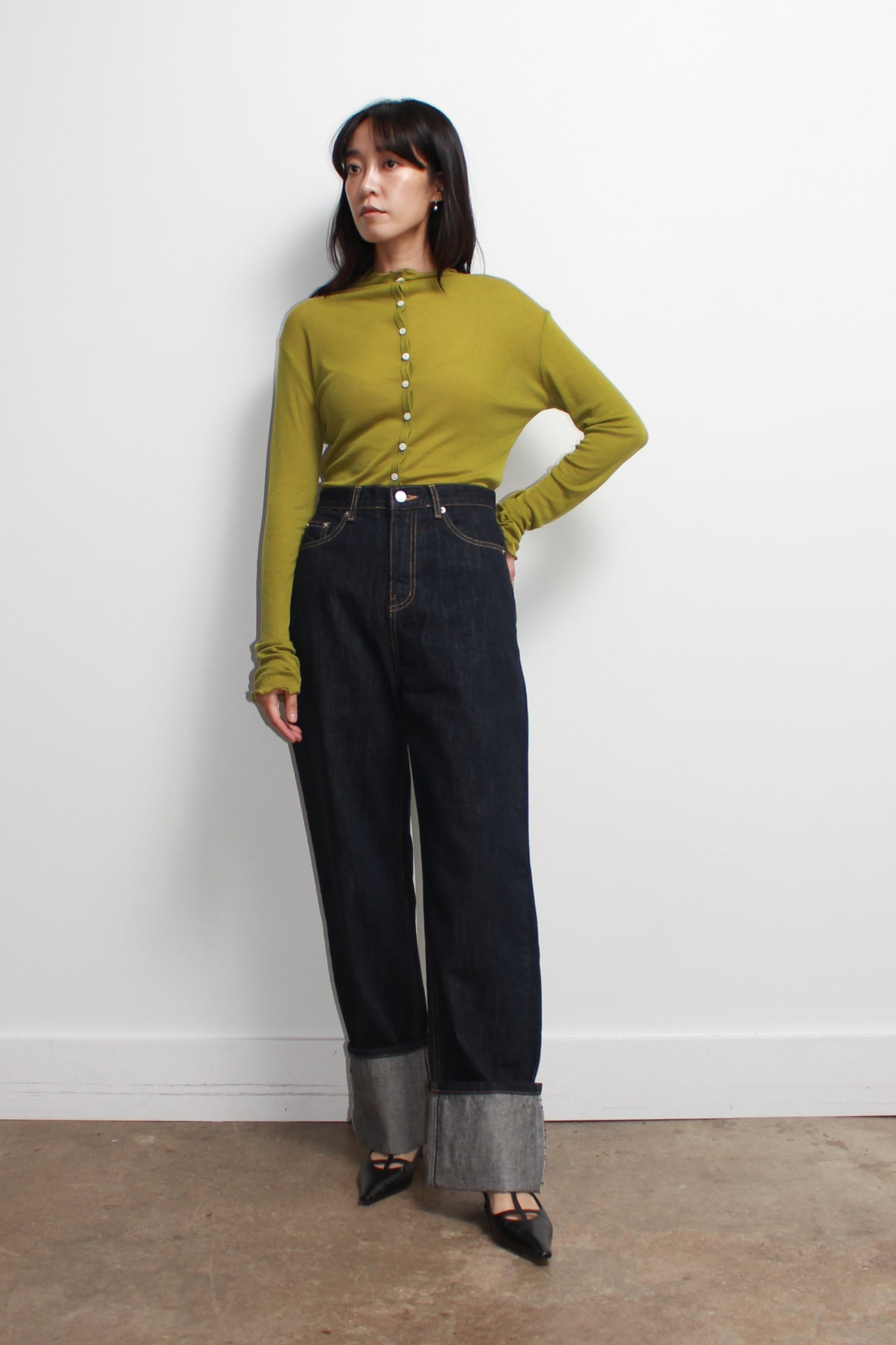 Mock Neck Wavy Cardigan in Olive