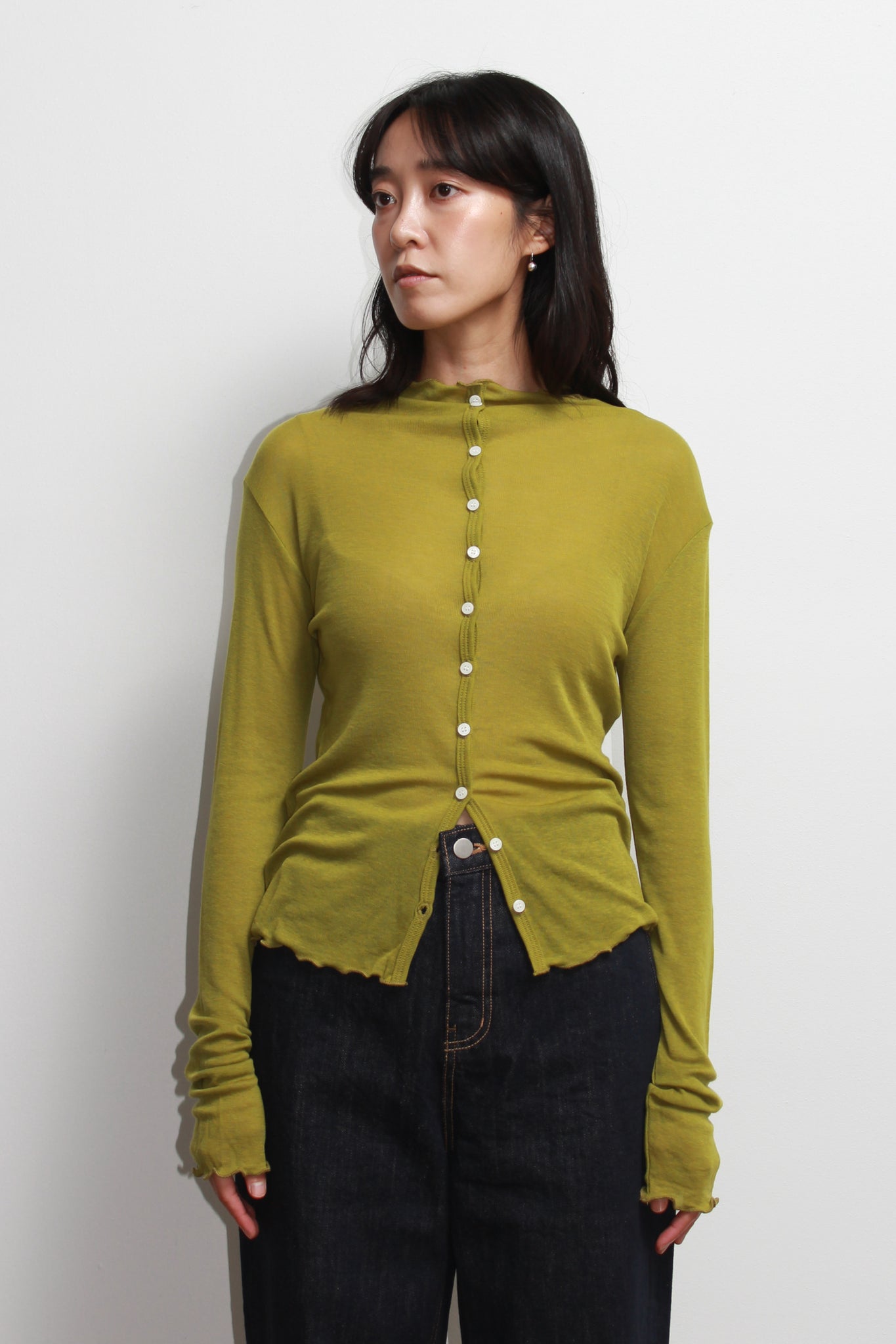Mock Neck Wavy Cardigan in Olive