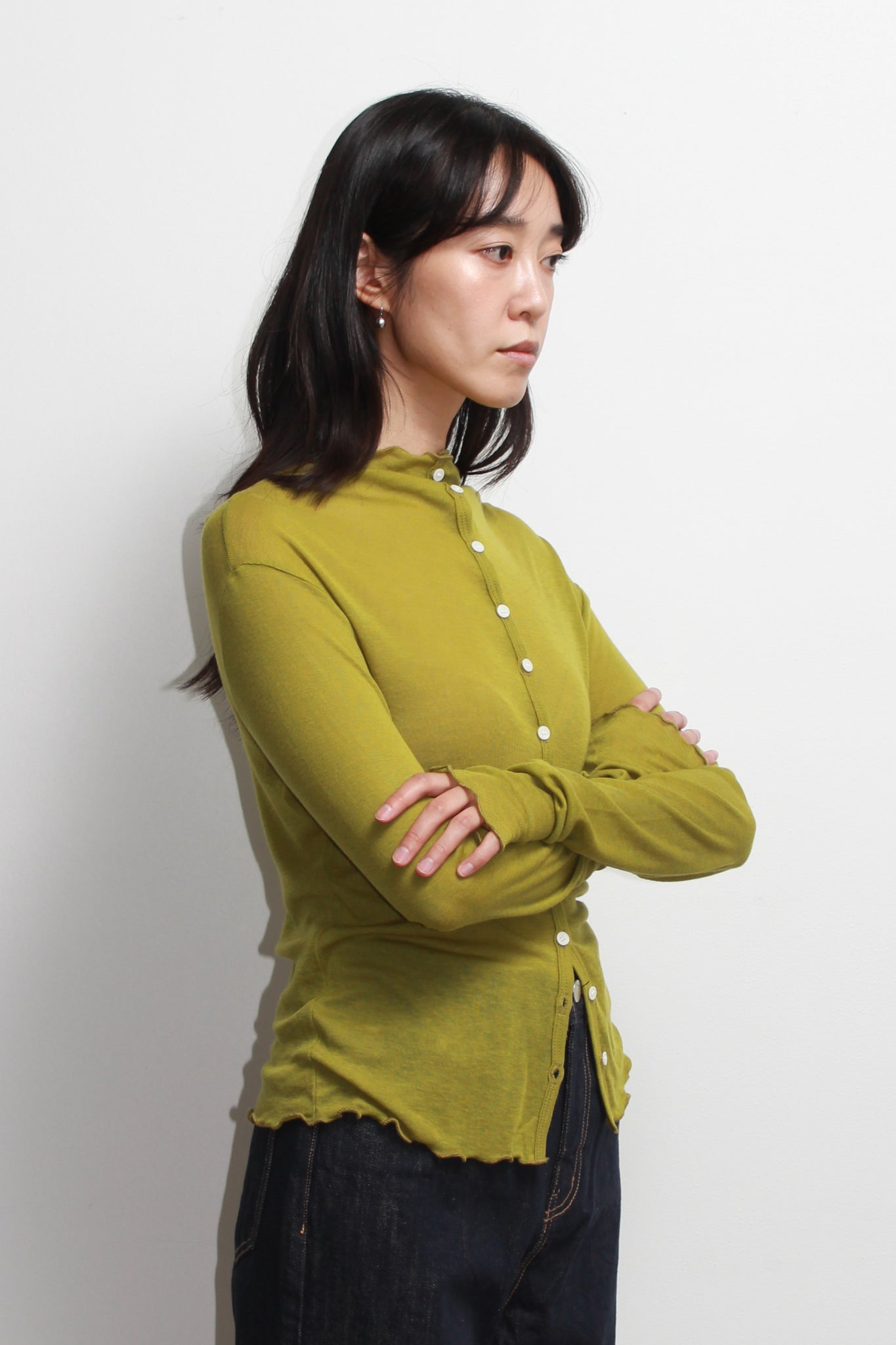 Mock Neck Wavy Cardigan in Olive