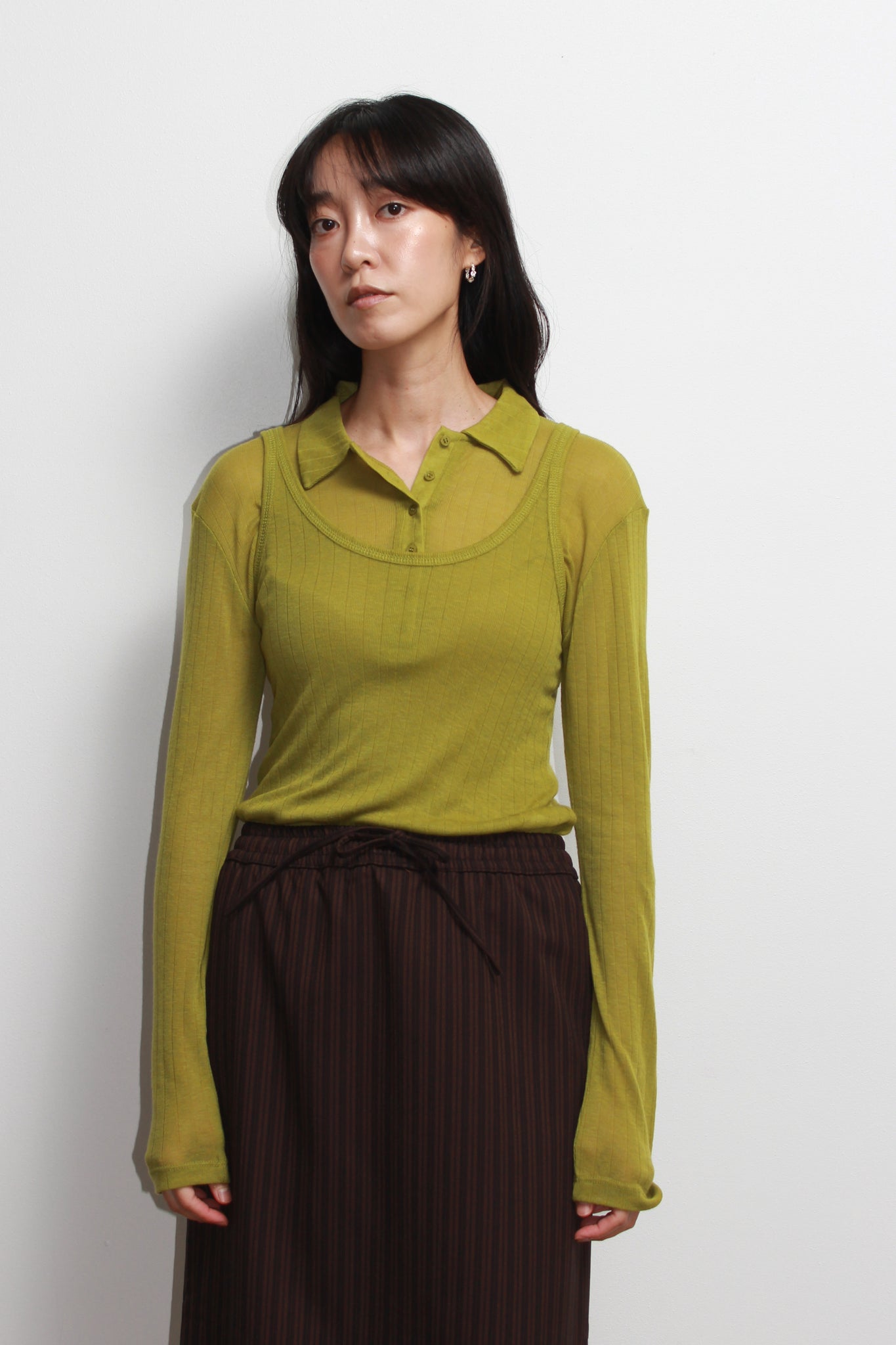 Poming Collar Shirt Tank Set in Olive
