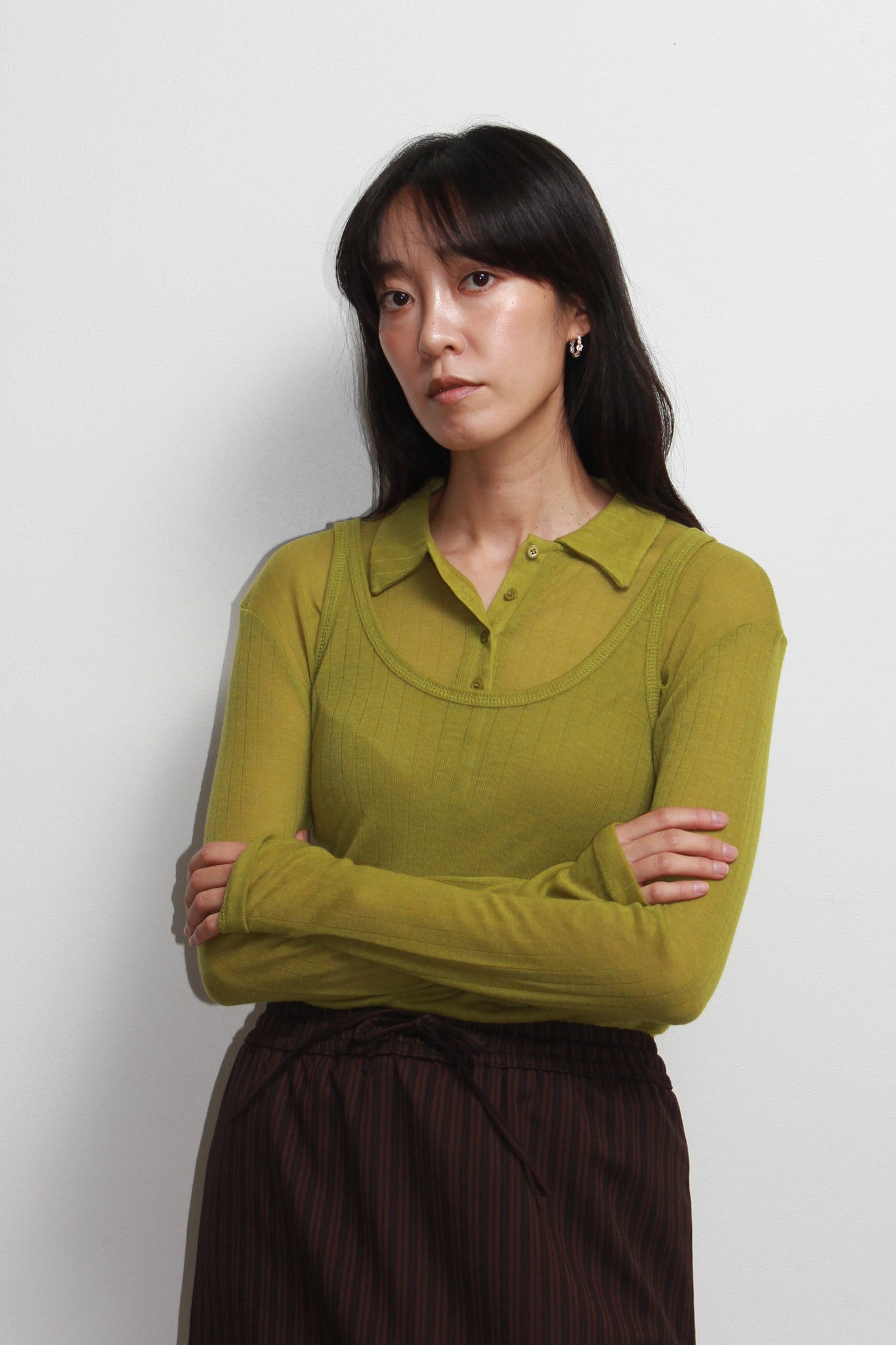 Poming Collar Shirt Tank Set in Olive
