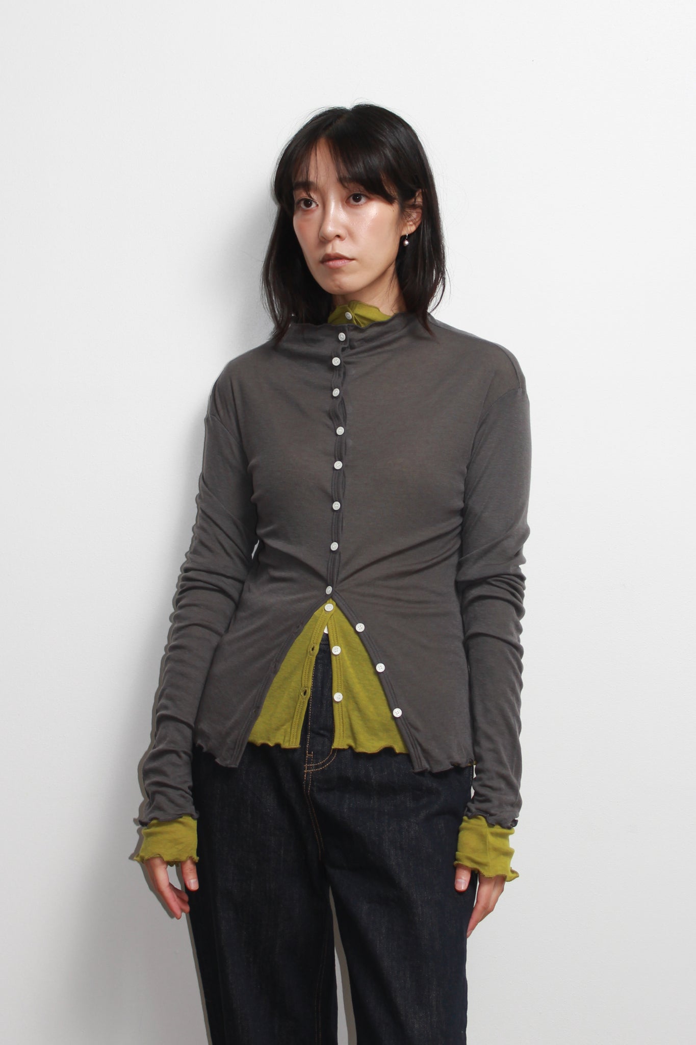 Mock Neck Wavy Cardigan in Charcoal