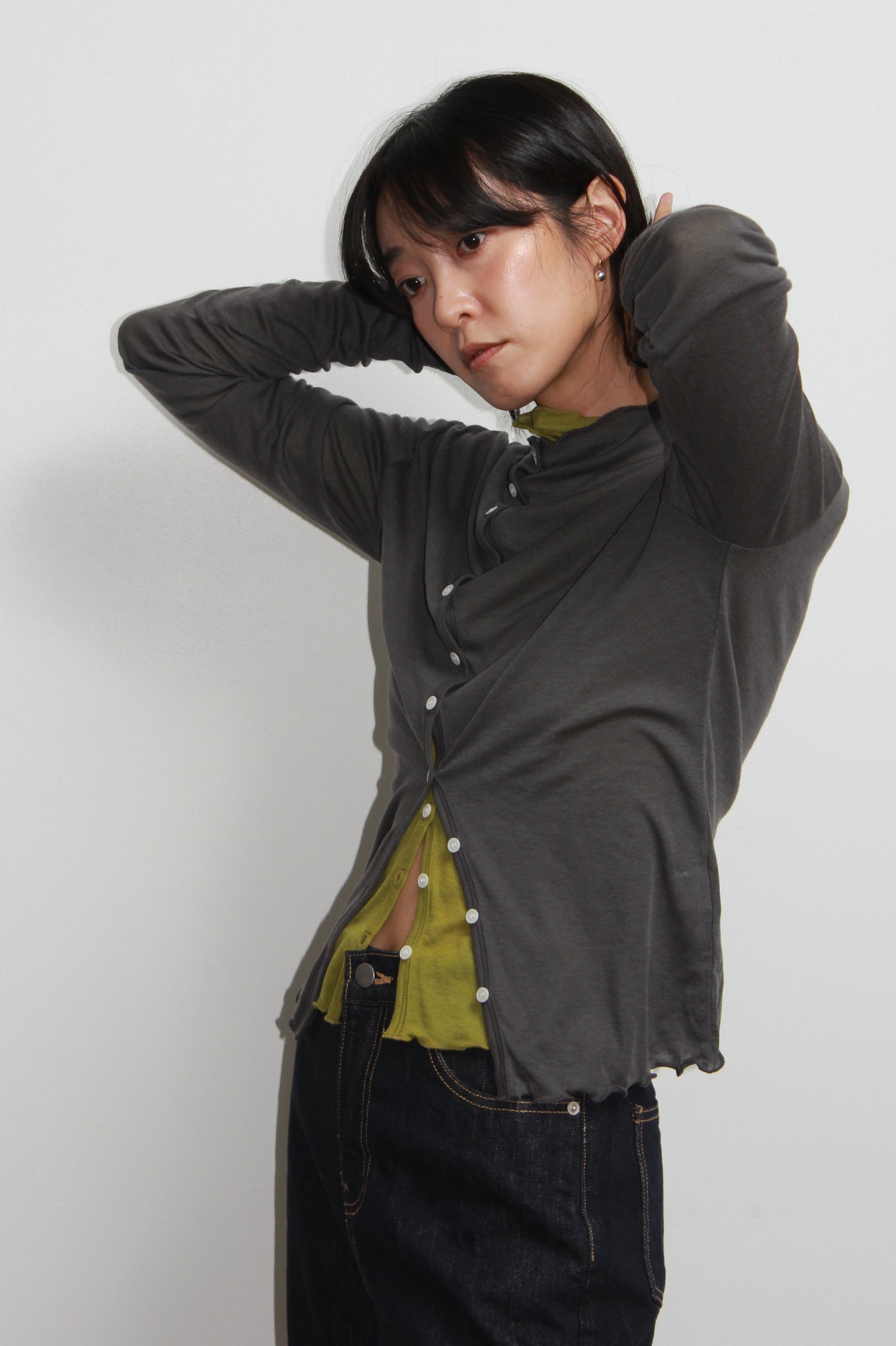 Mock Neck Wavy Cardigan in Charcoal