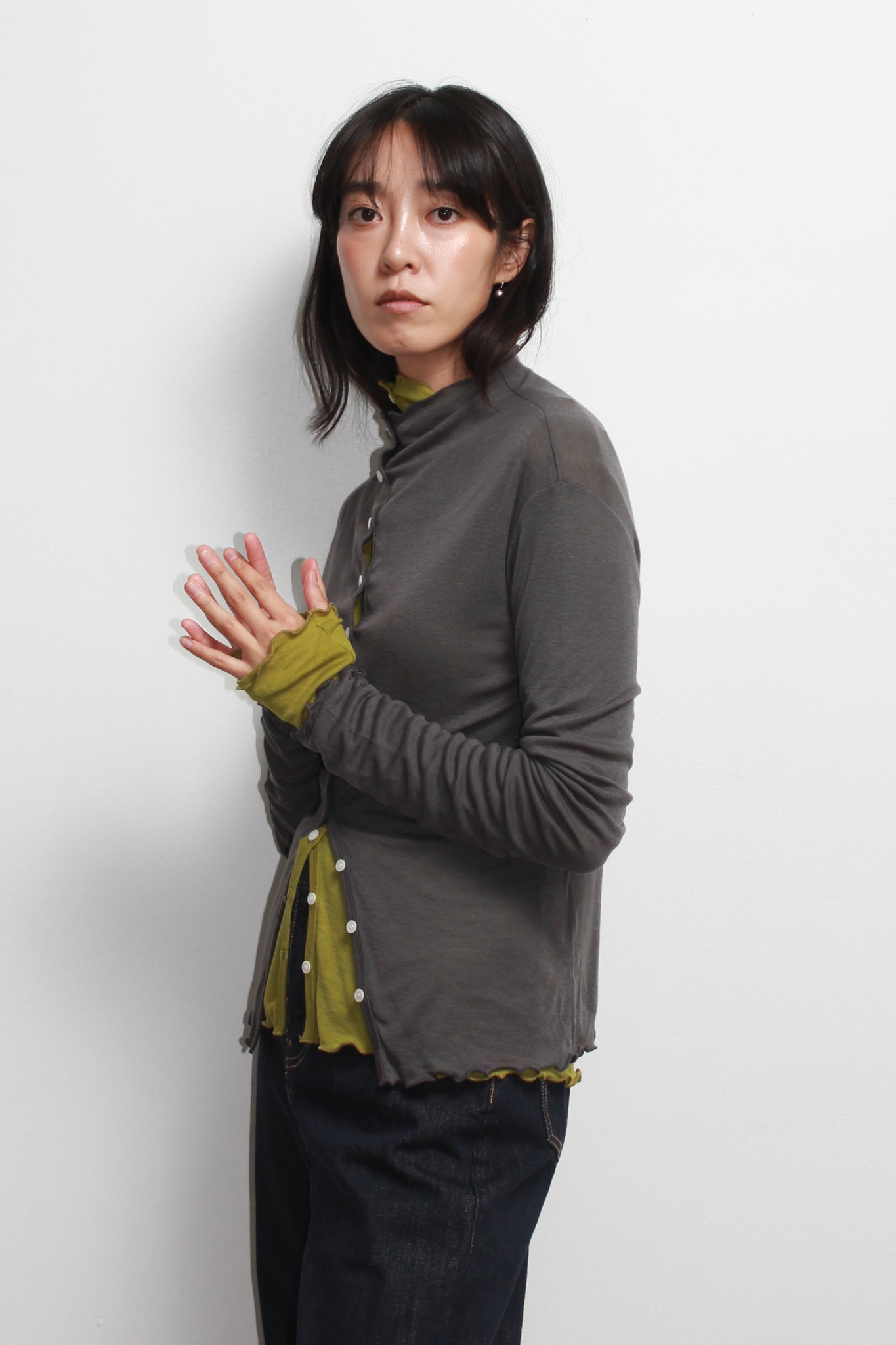 Mock Neck Wavy Cardigan in Charcoal