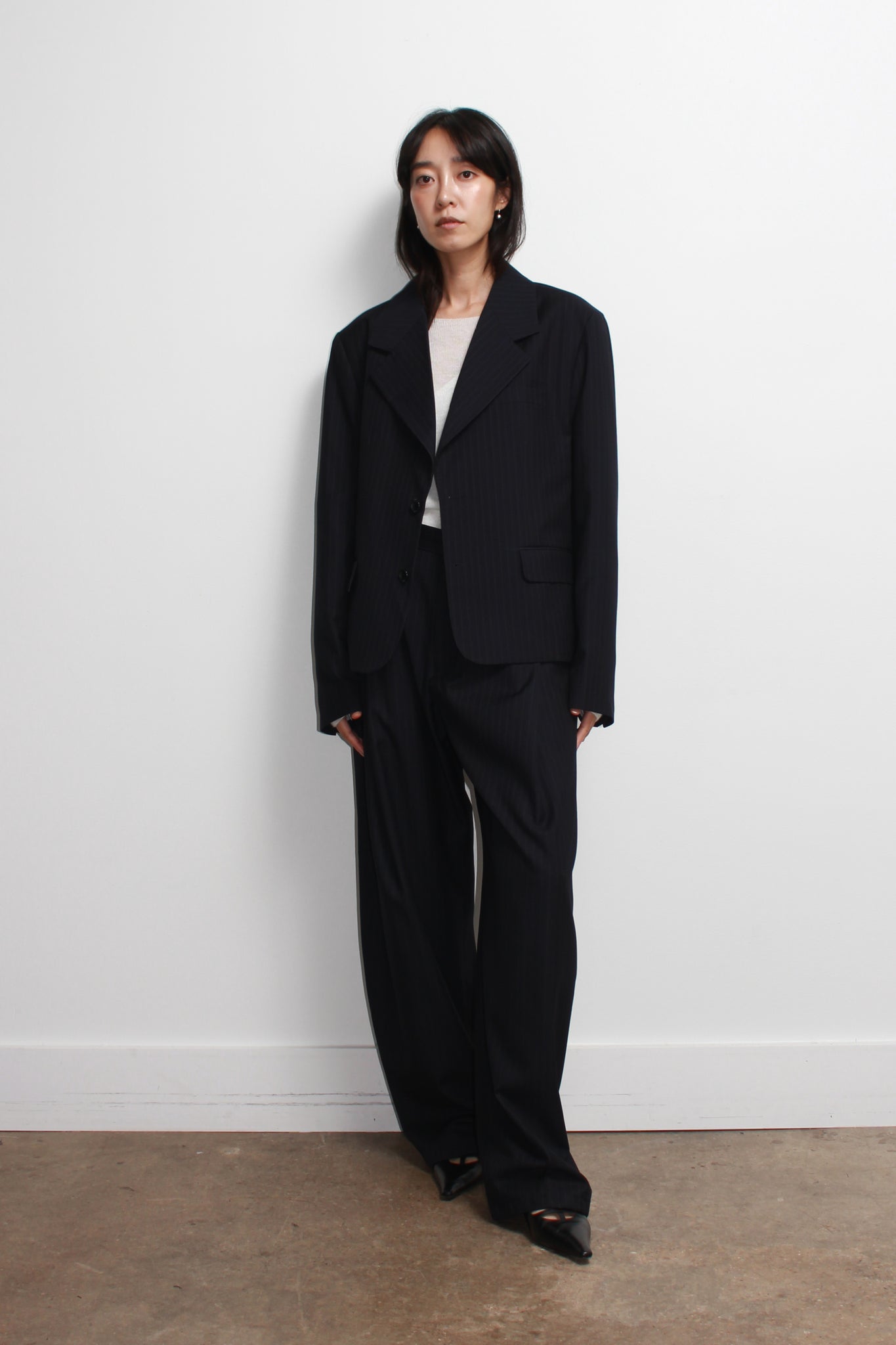 Jenna Pin Stripe Crop Blazer in Navy