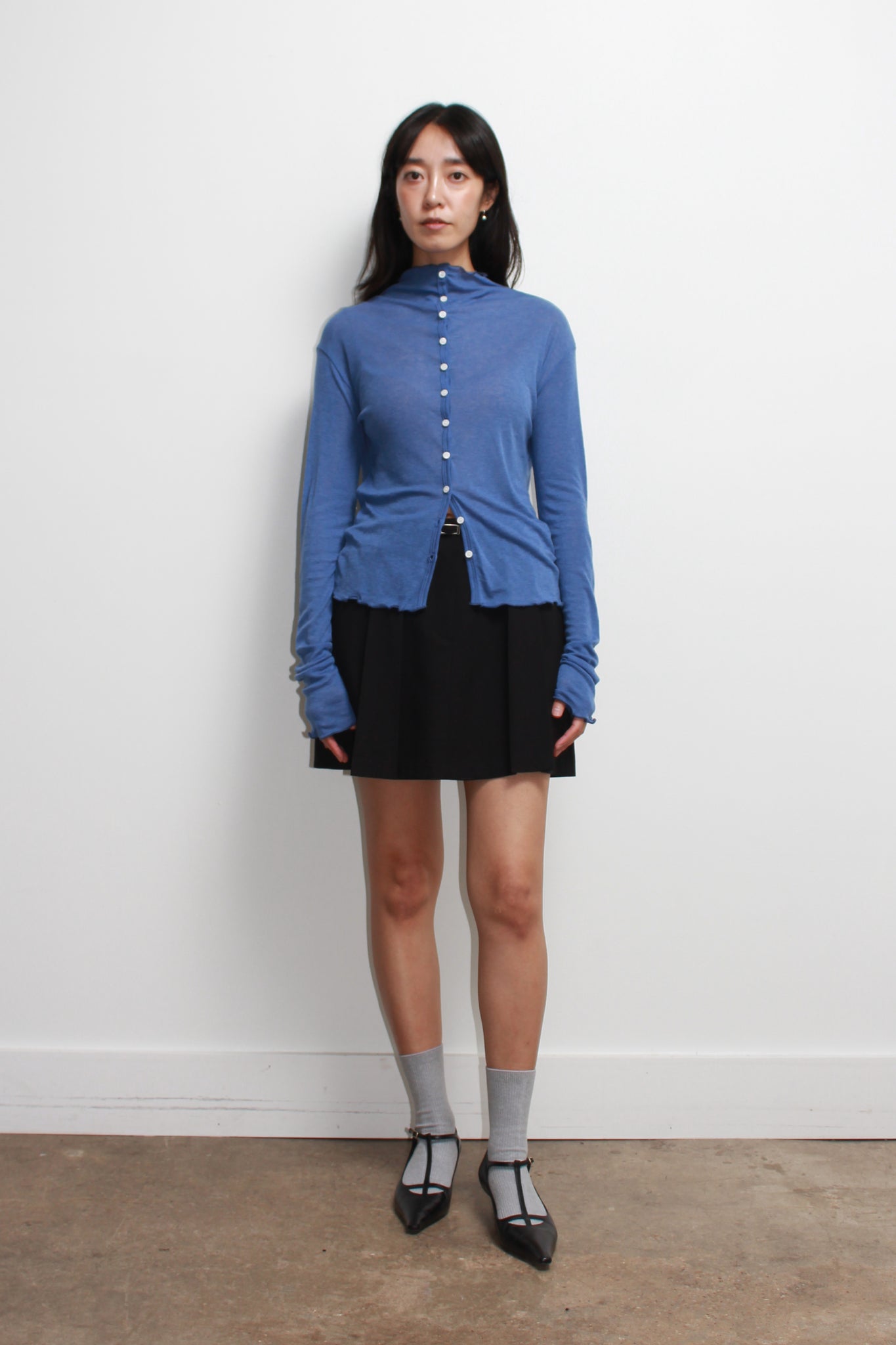 Mock Neck Wavy Cardigan in Blue