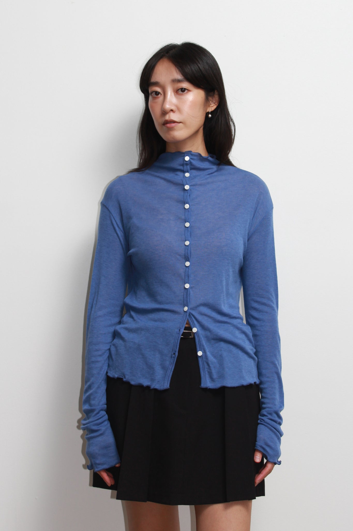 Mock Neck Wavy Cardigan in Blue