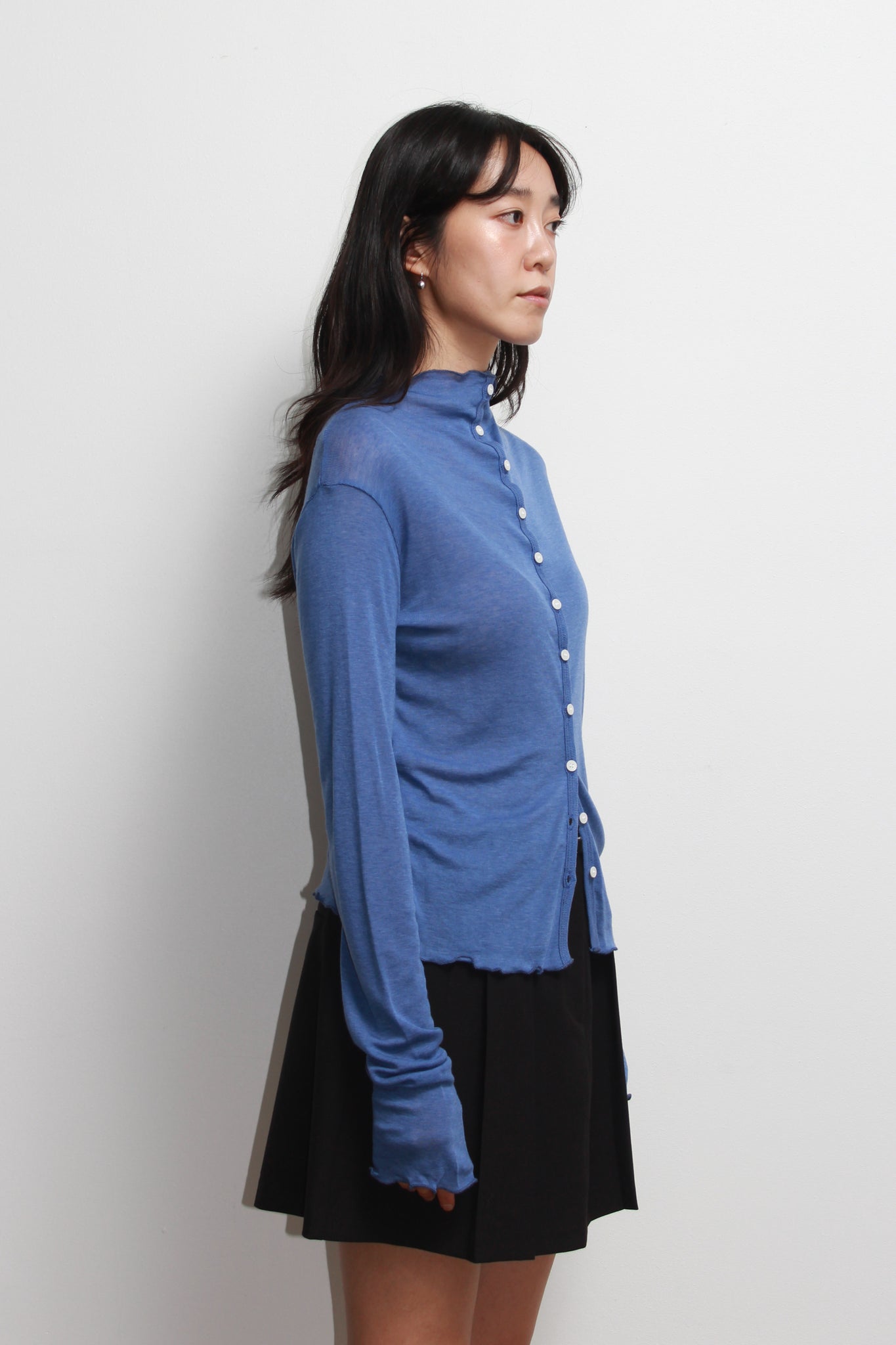 Mock Neck Wavy Cardigan in Blue