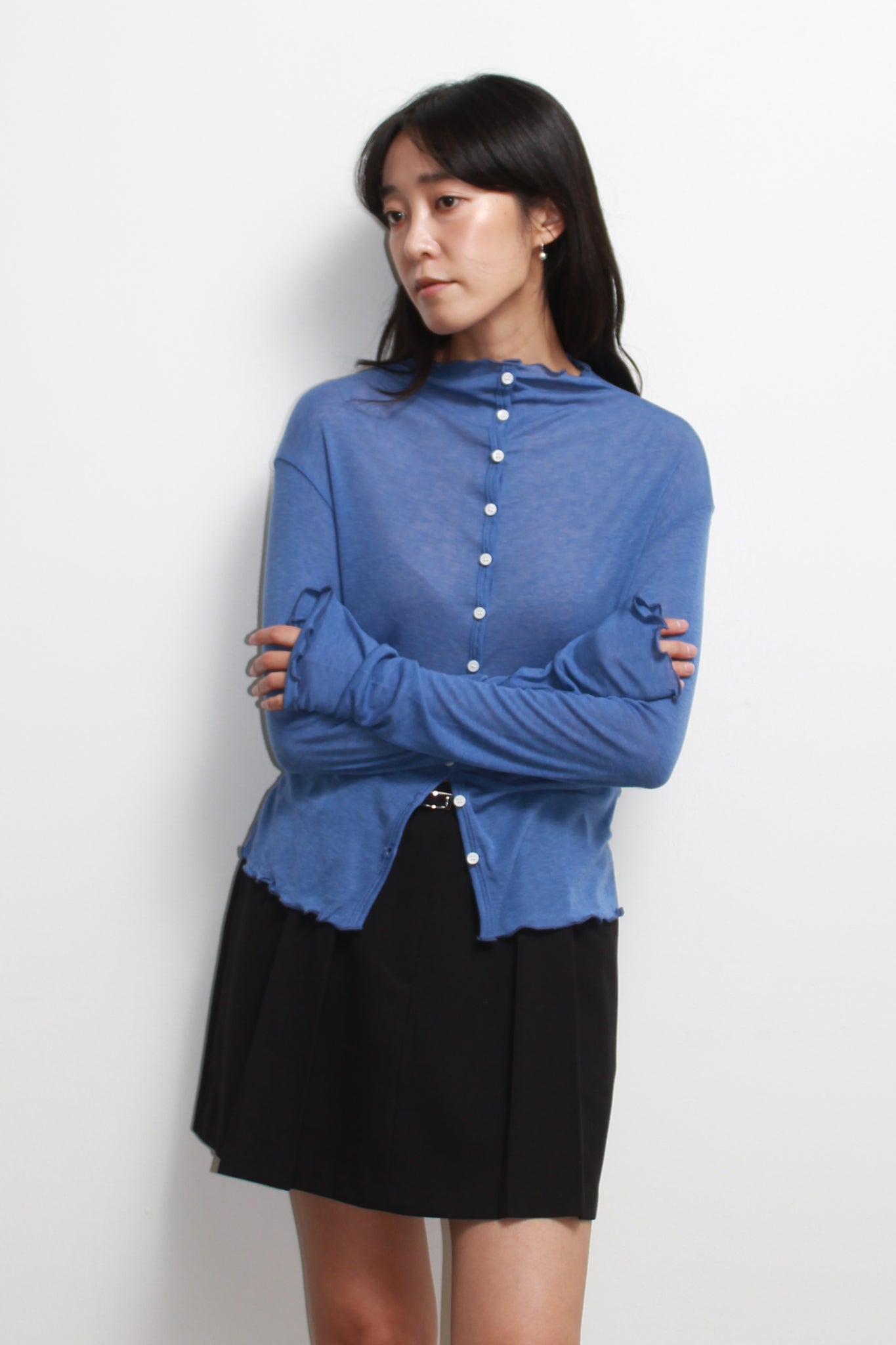 Mock Neck Wavy Cardigan in Blue