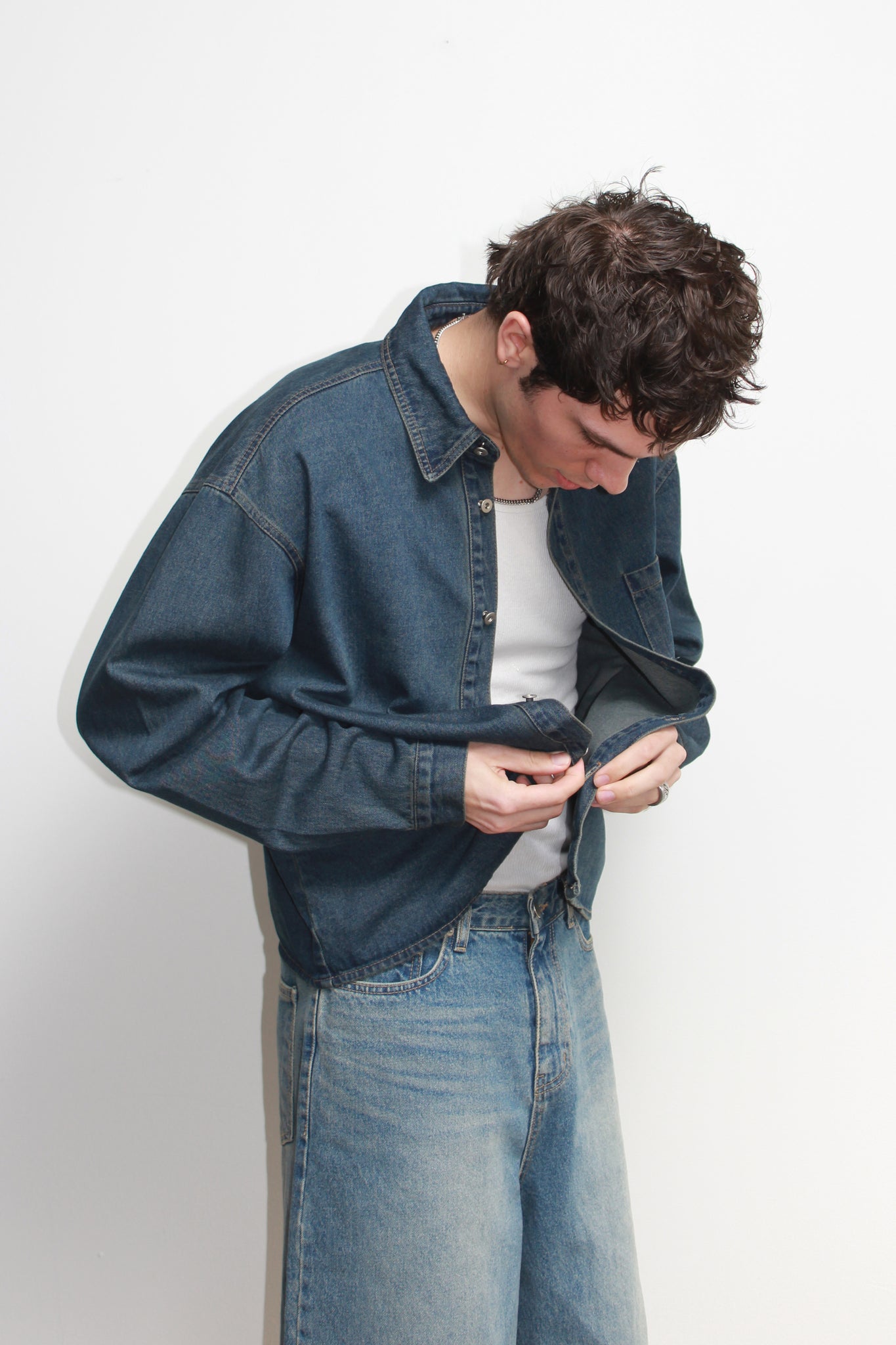 Teen Crop Denim Shirt in Blue Mid Wash