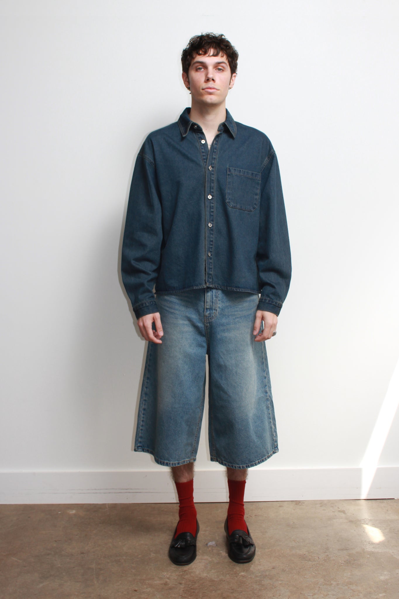 Teen Crop Denim Shirt in Blue Mid Wash