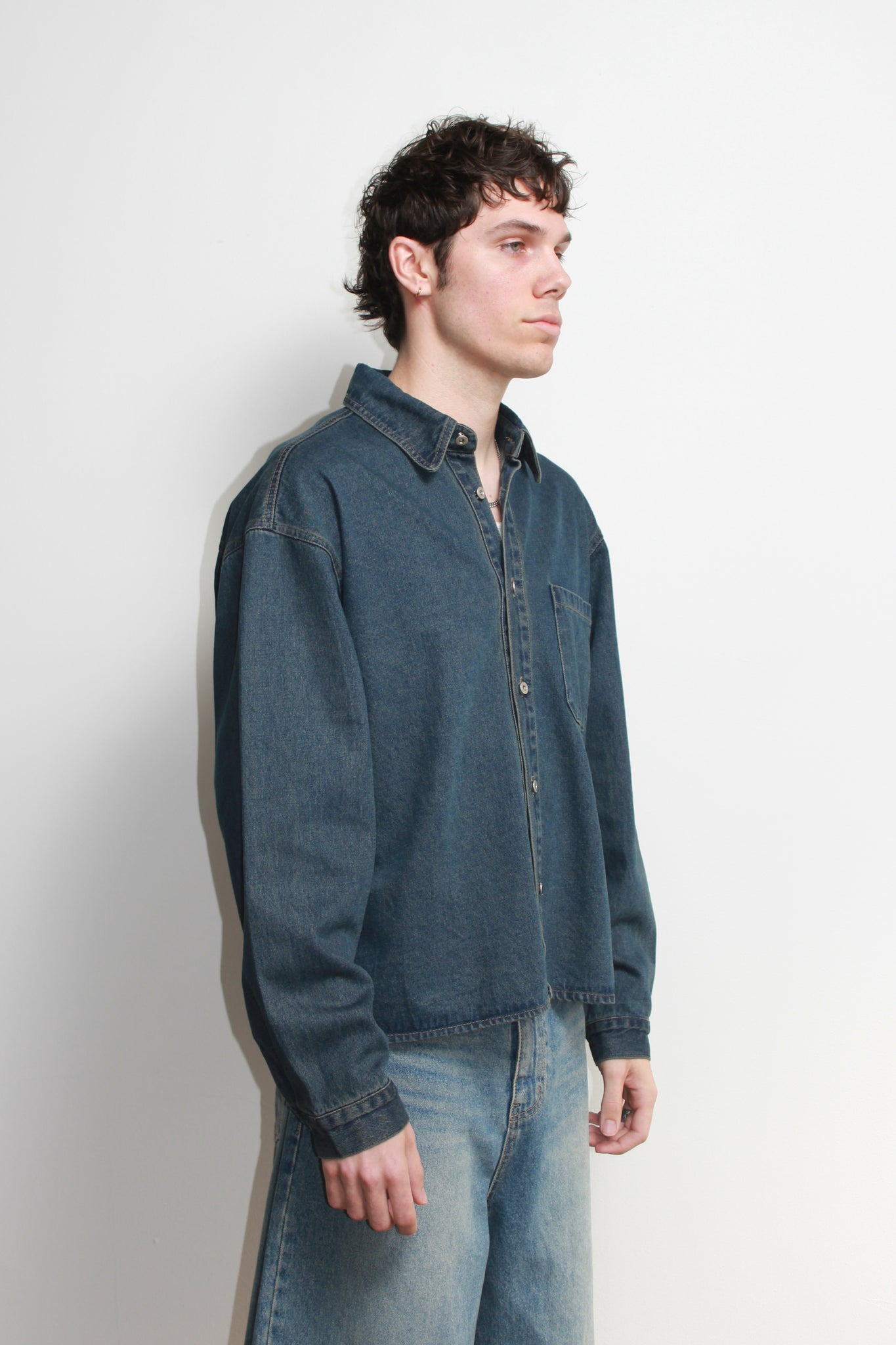 Teen Crop Denim Shirt in Blue Mid Wash
