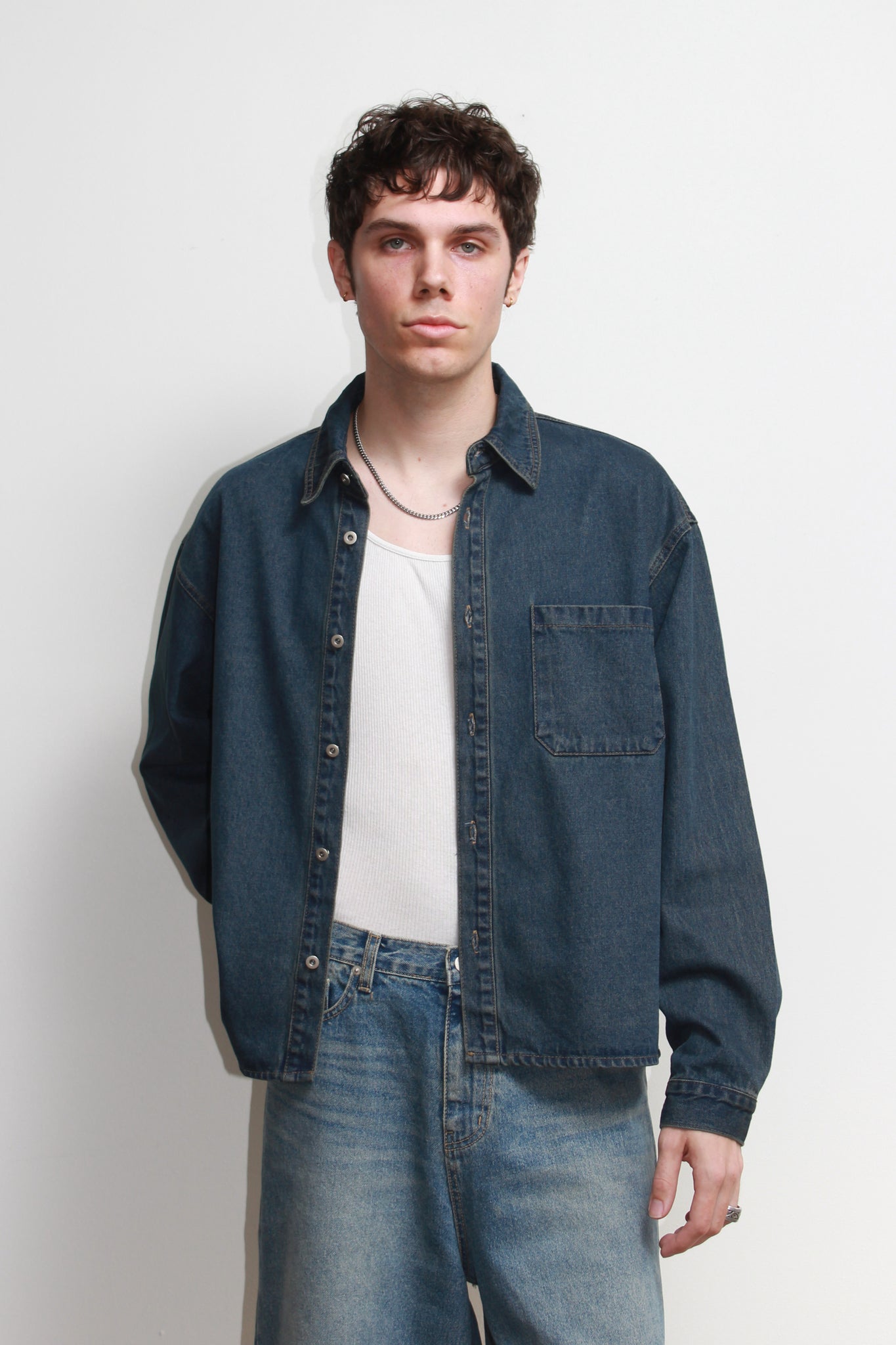 Teen Crop Denim Shirt in Blue Mid Wash