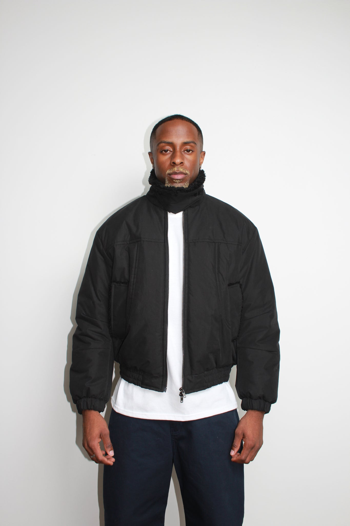 Shearling Collar Padded Deck Jacket in Black