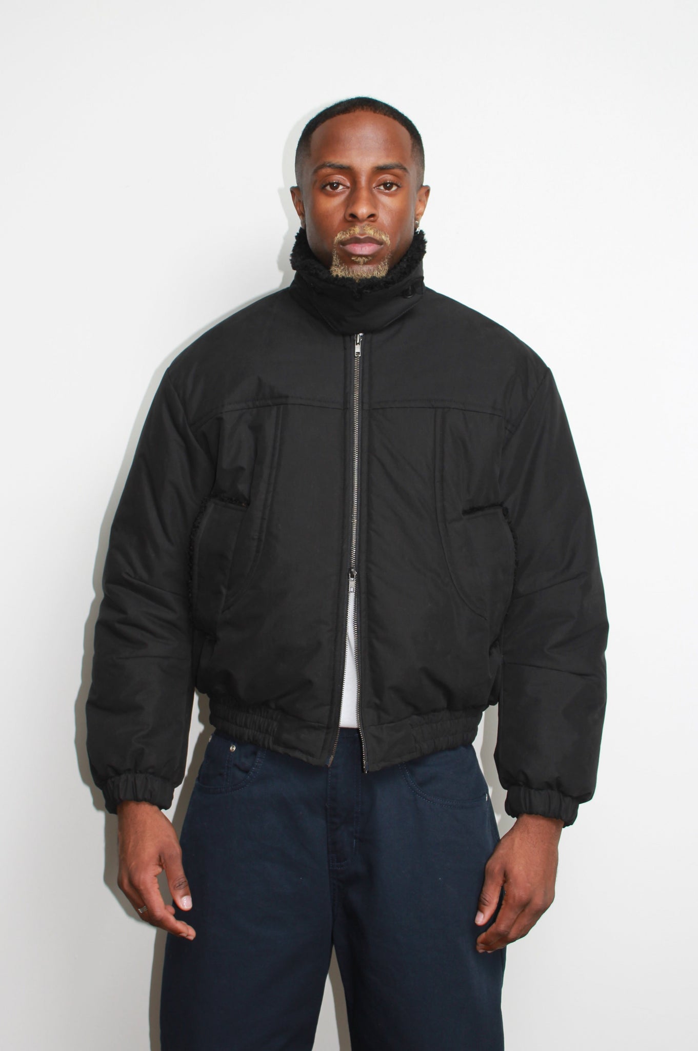 Shearling Collar Padded Deck Jacket in Black