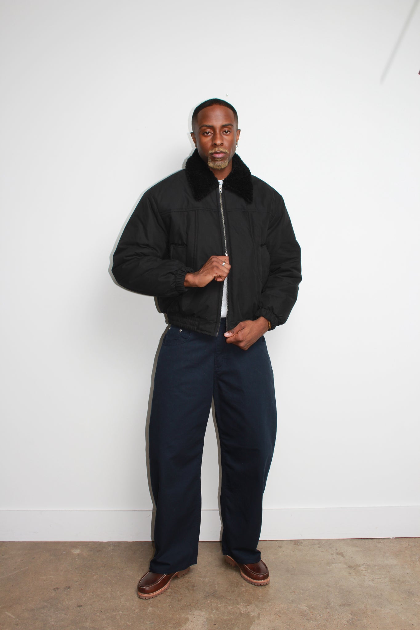 Shearling Collar Padded Deck Jacket in Black