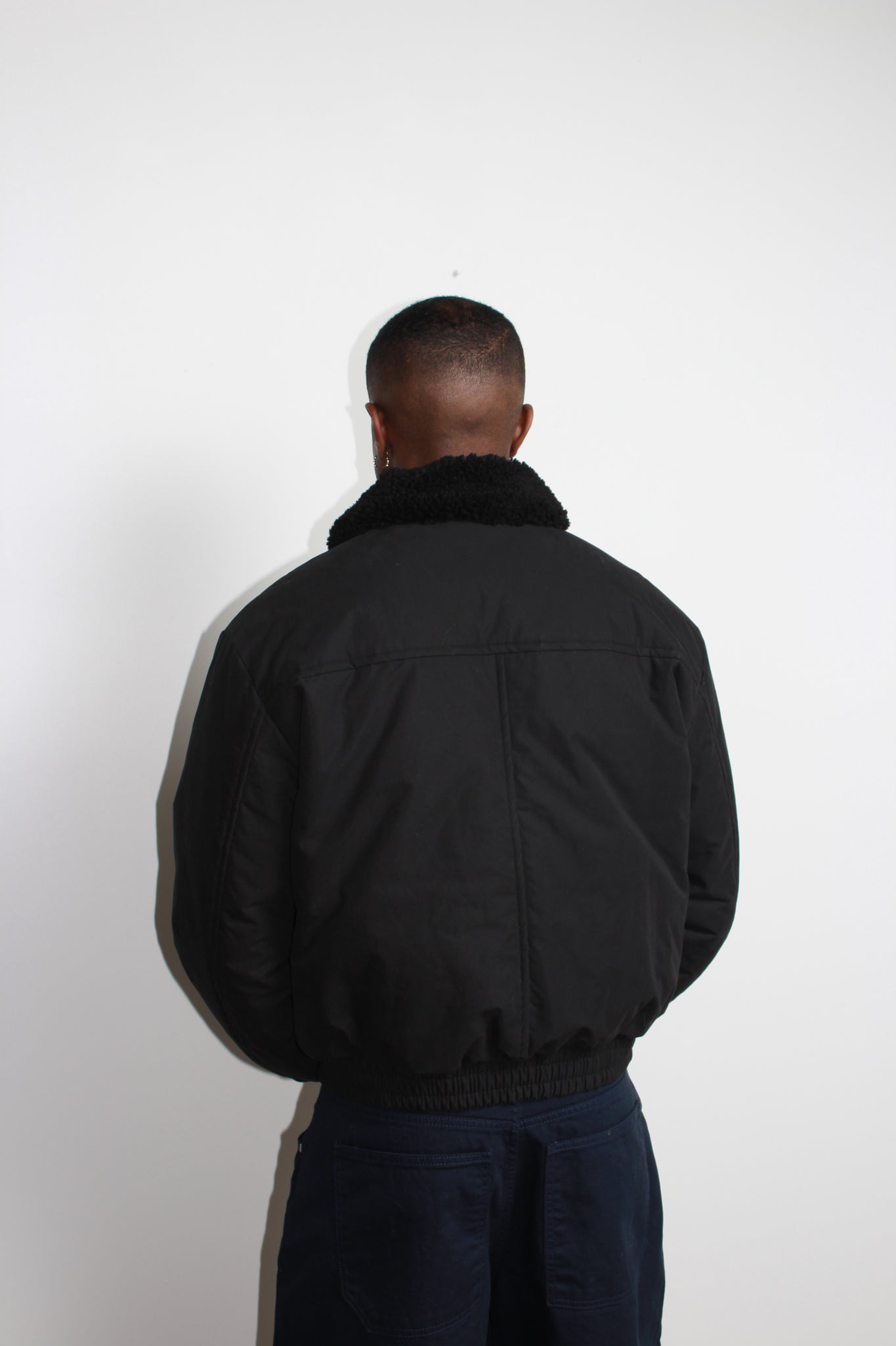 Shearling Collar Padded Deck Jacket in Black