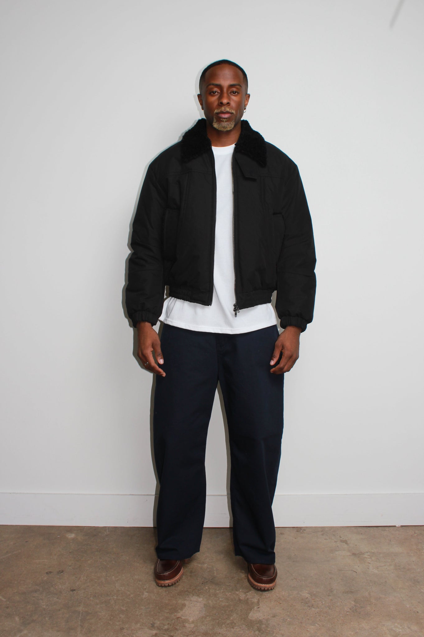 Shearling Collar Padded Deck Jacket in Black