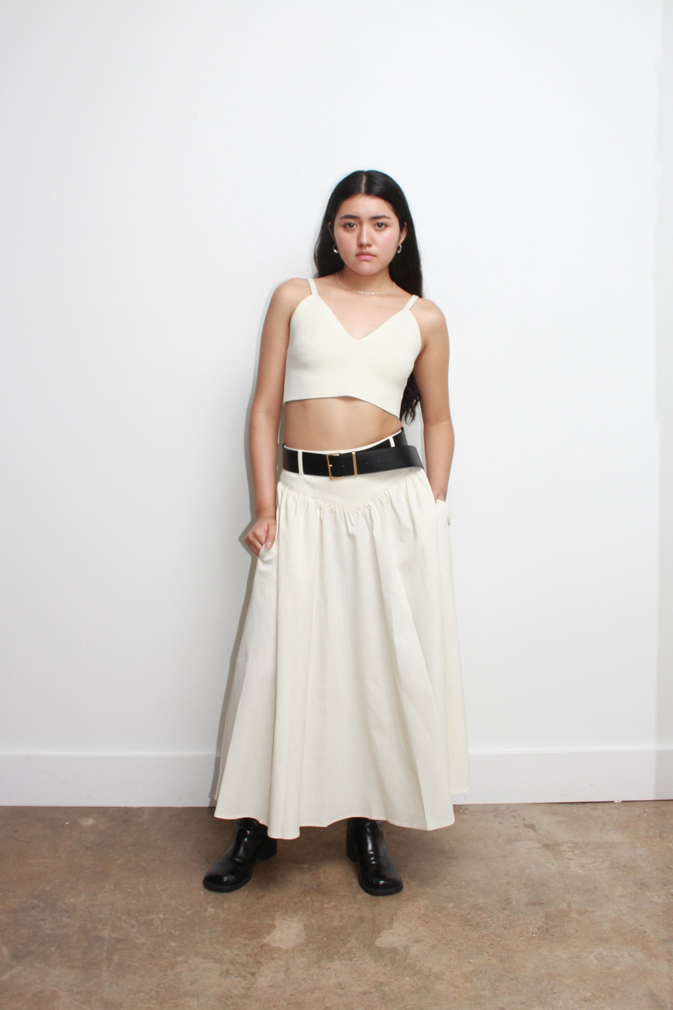 Belt loop Shirring Skirt in Cream