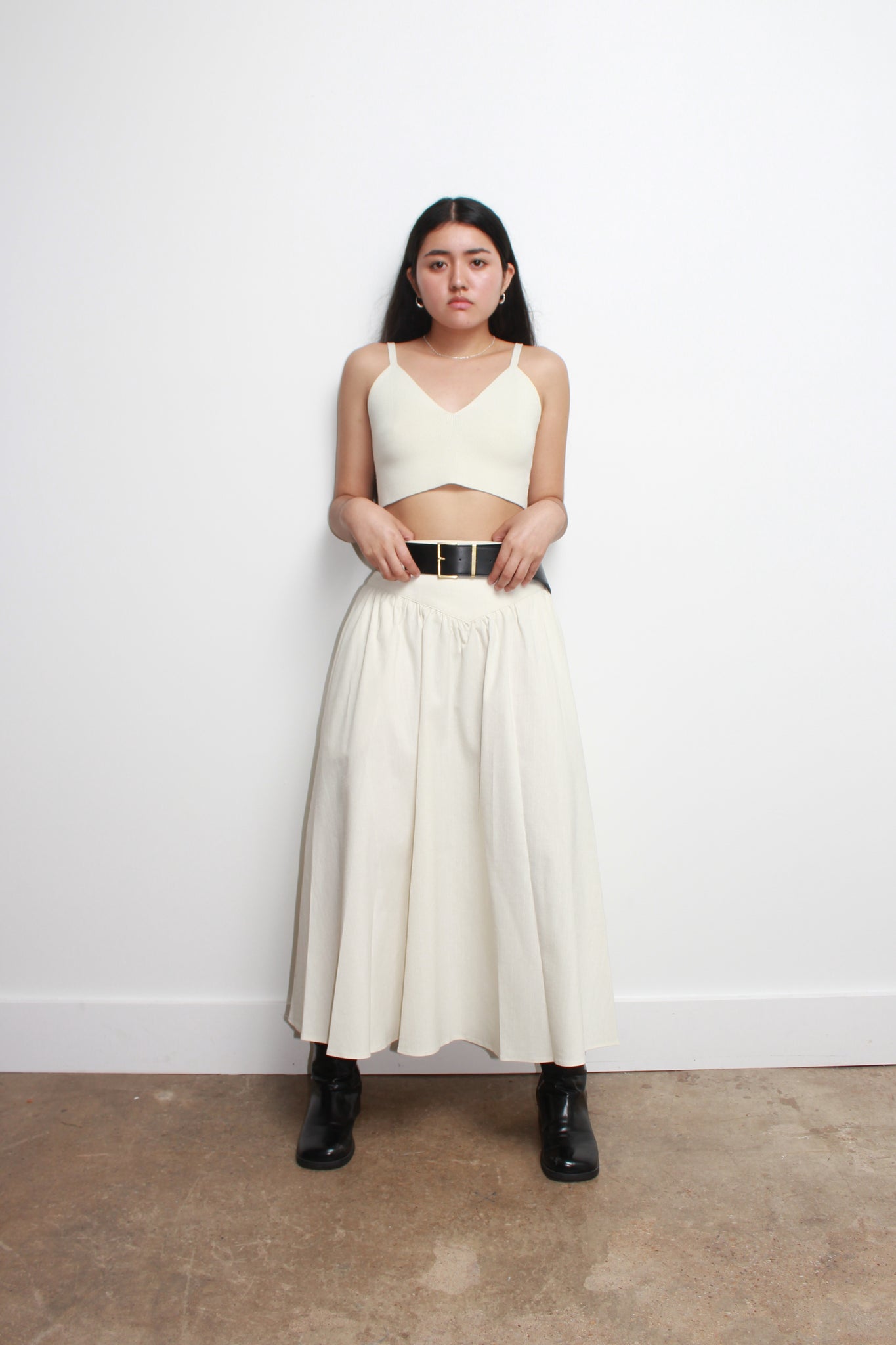 Belt loop Shirring Skirt in Cream