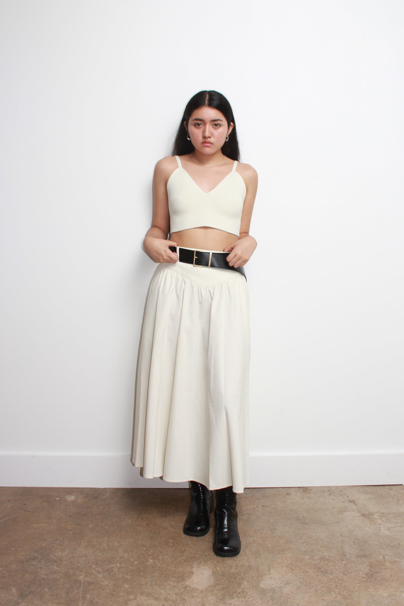 Belt loop Shirring Skirt in Cream