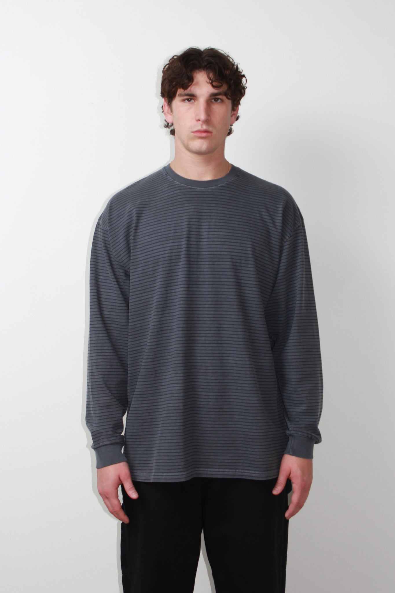 Pigment wash long sleeve striped T-shirt in Navy