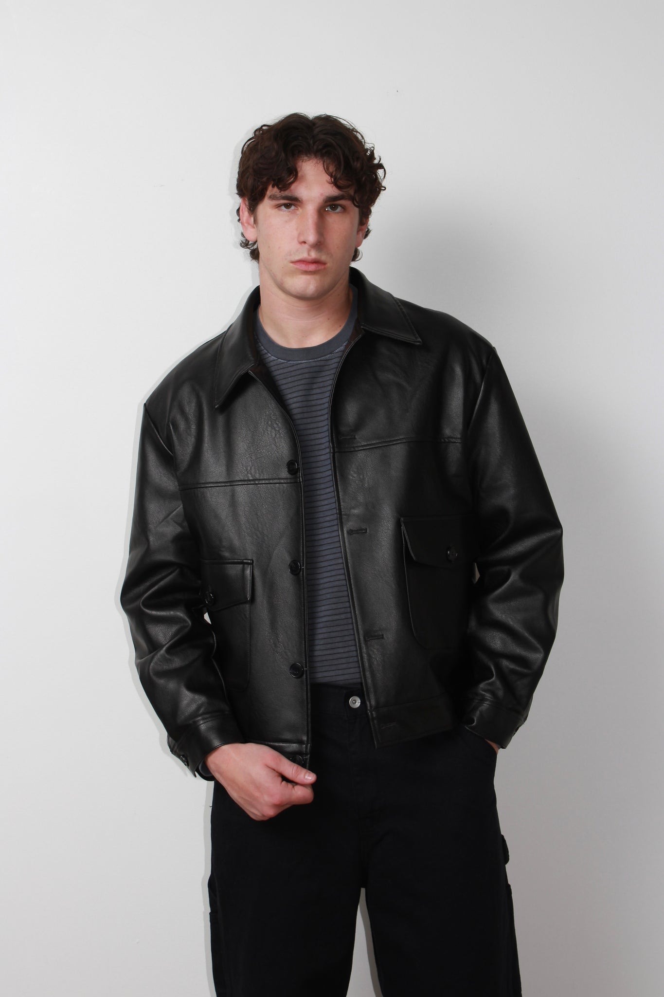 Murphy Pocket Faux Leather Jacket in Black